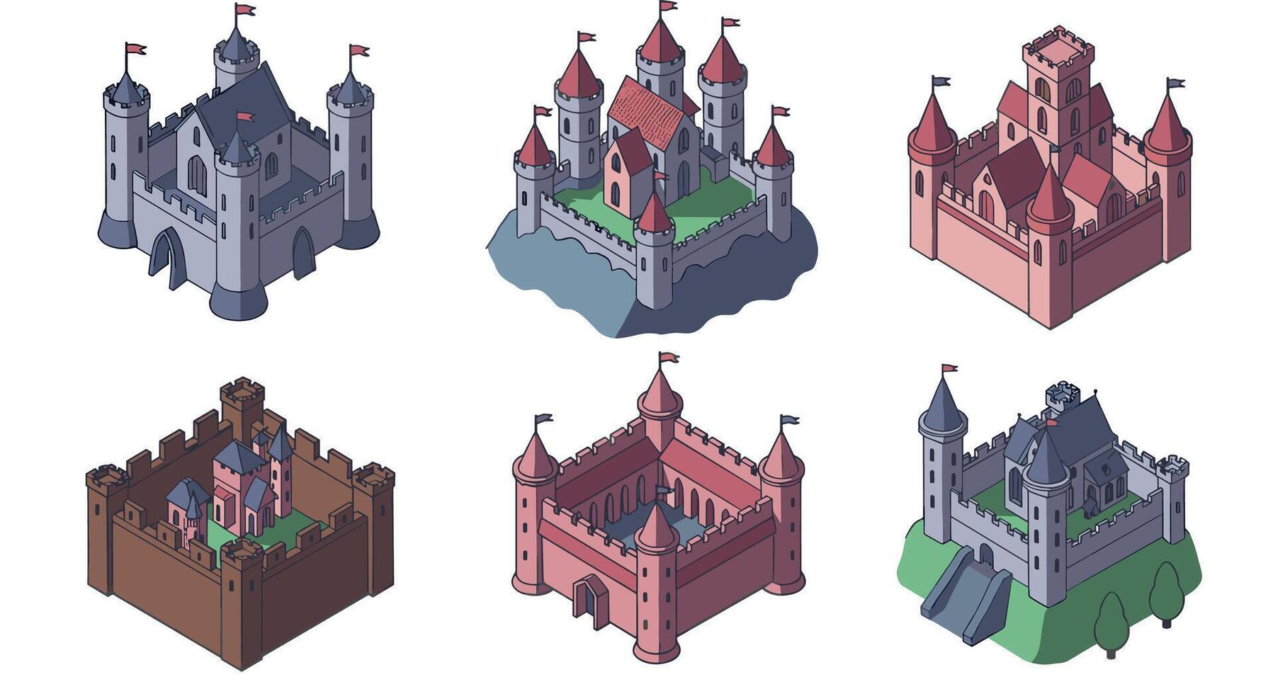 Collection of medieval castles in isometric style with detailed architecture vector