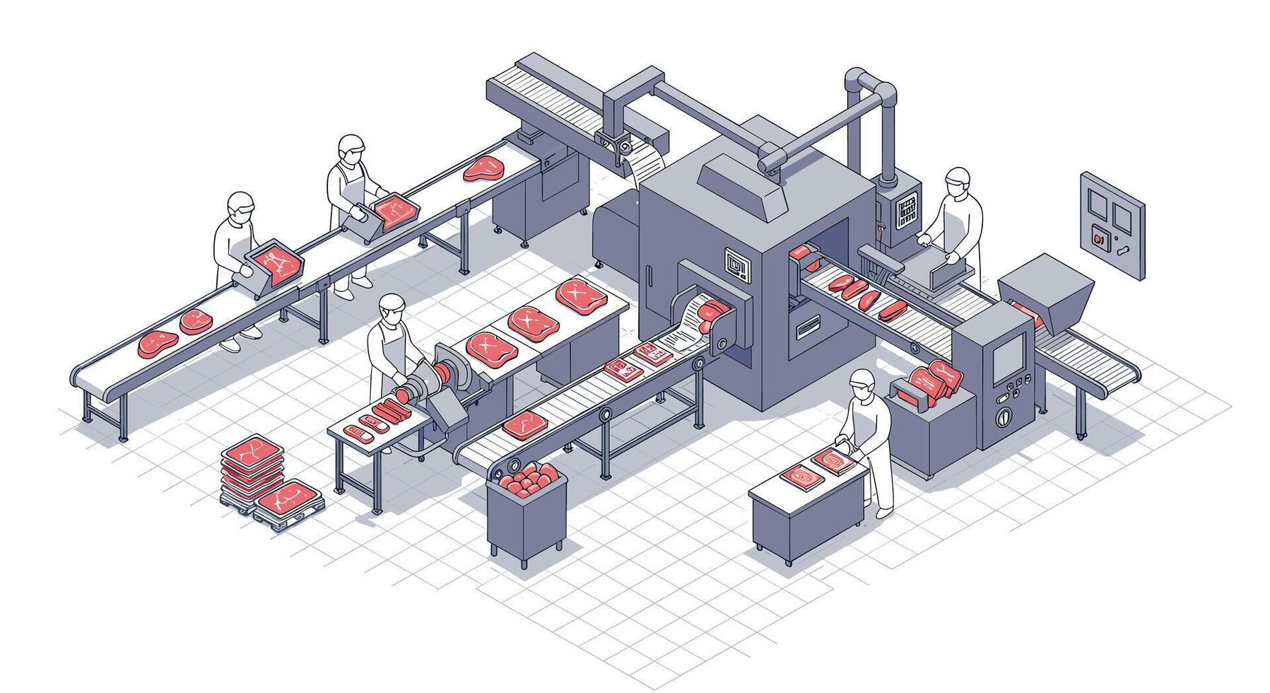 Isometric meat processing factory with workers and conveyor belts in action vector
