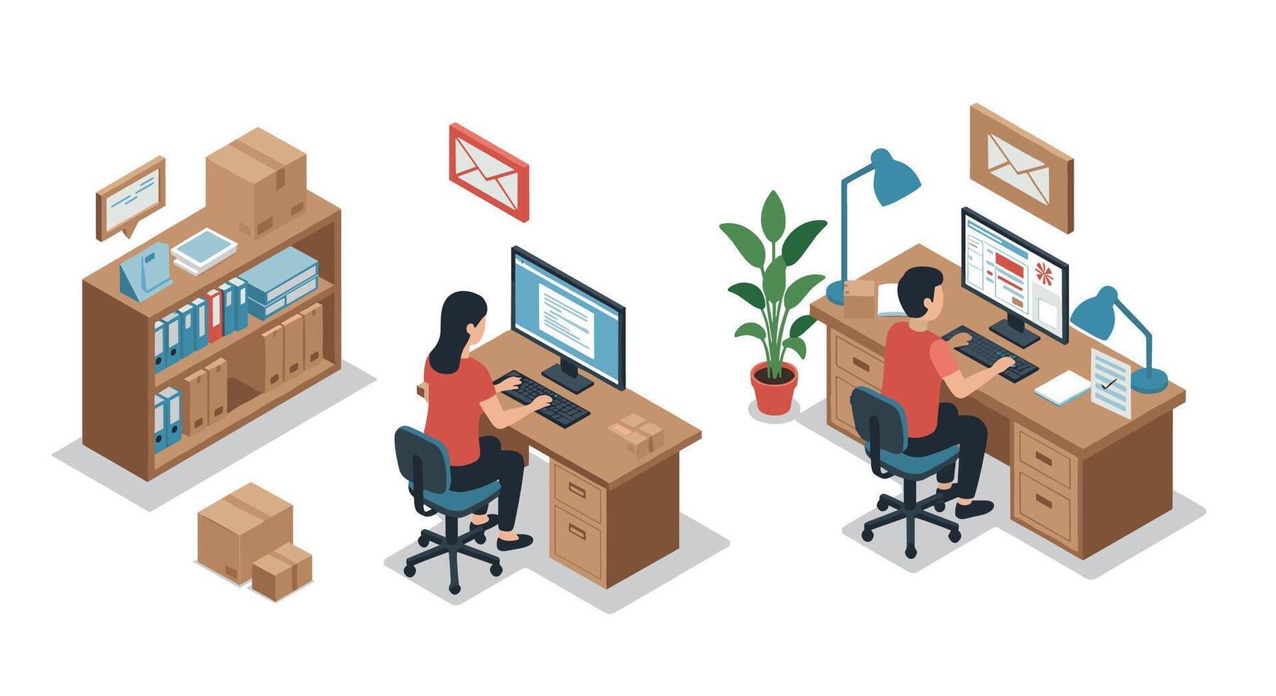 Isometric office workspace with people using computers and organizing shelves vector