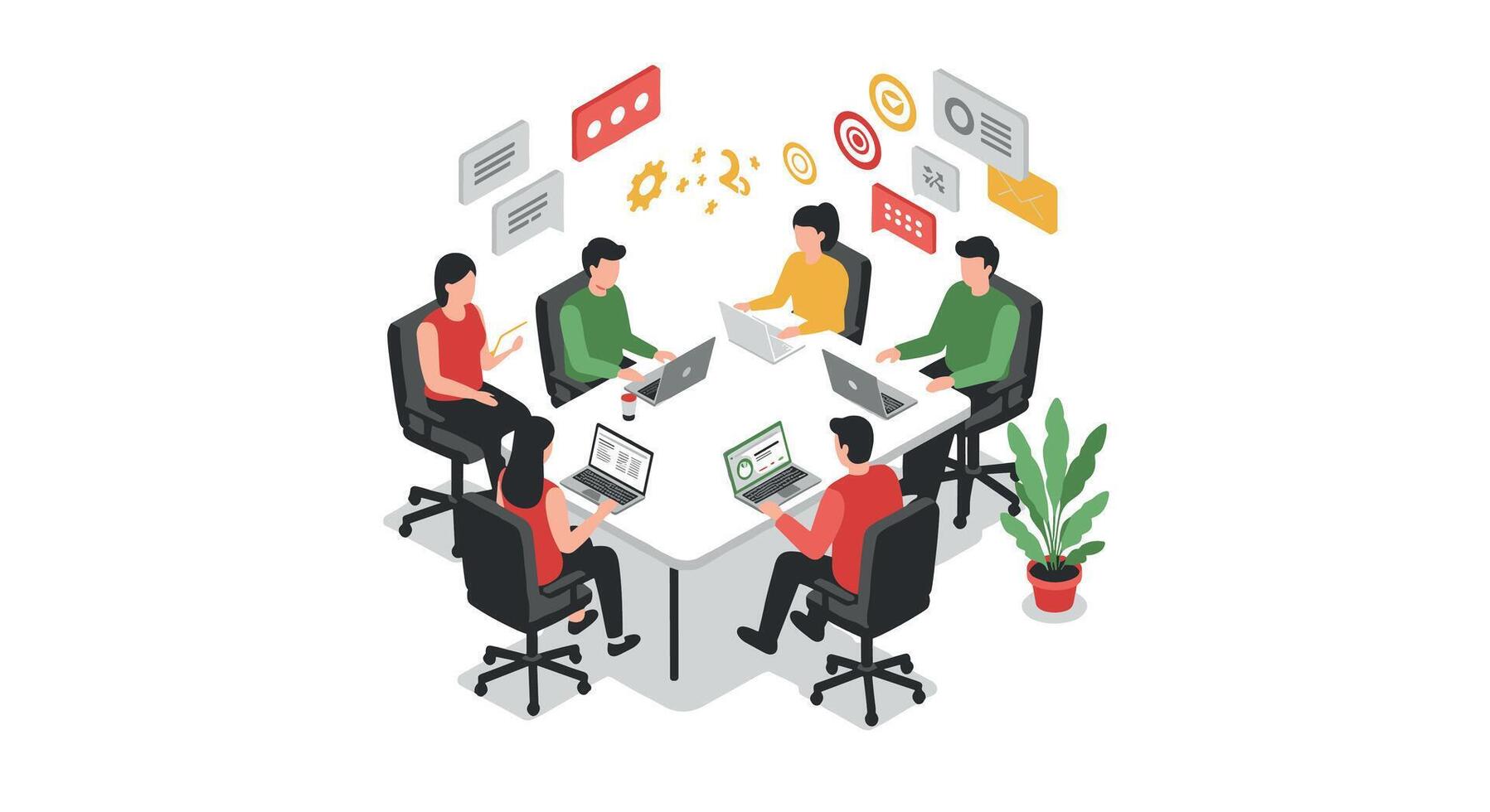 Collaborative team meeting in an isometric office with laptops and discussions vector