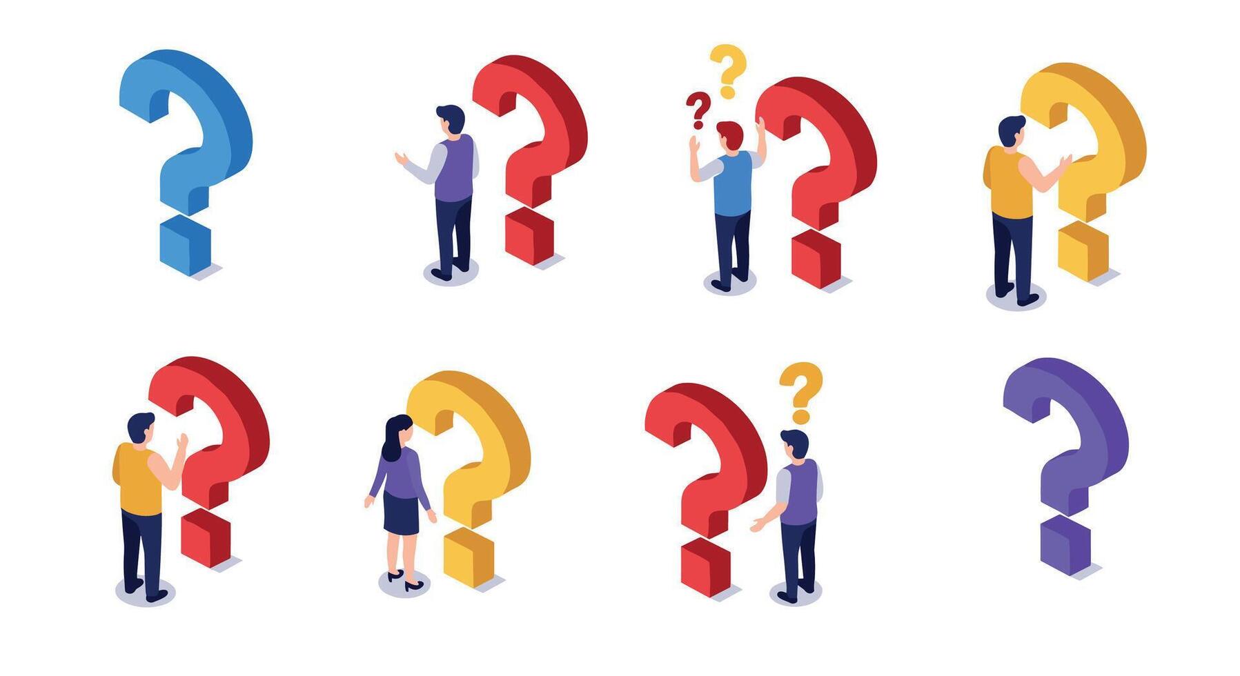 Isometric characters with colorful question marks on a white background vector