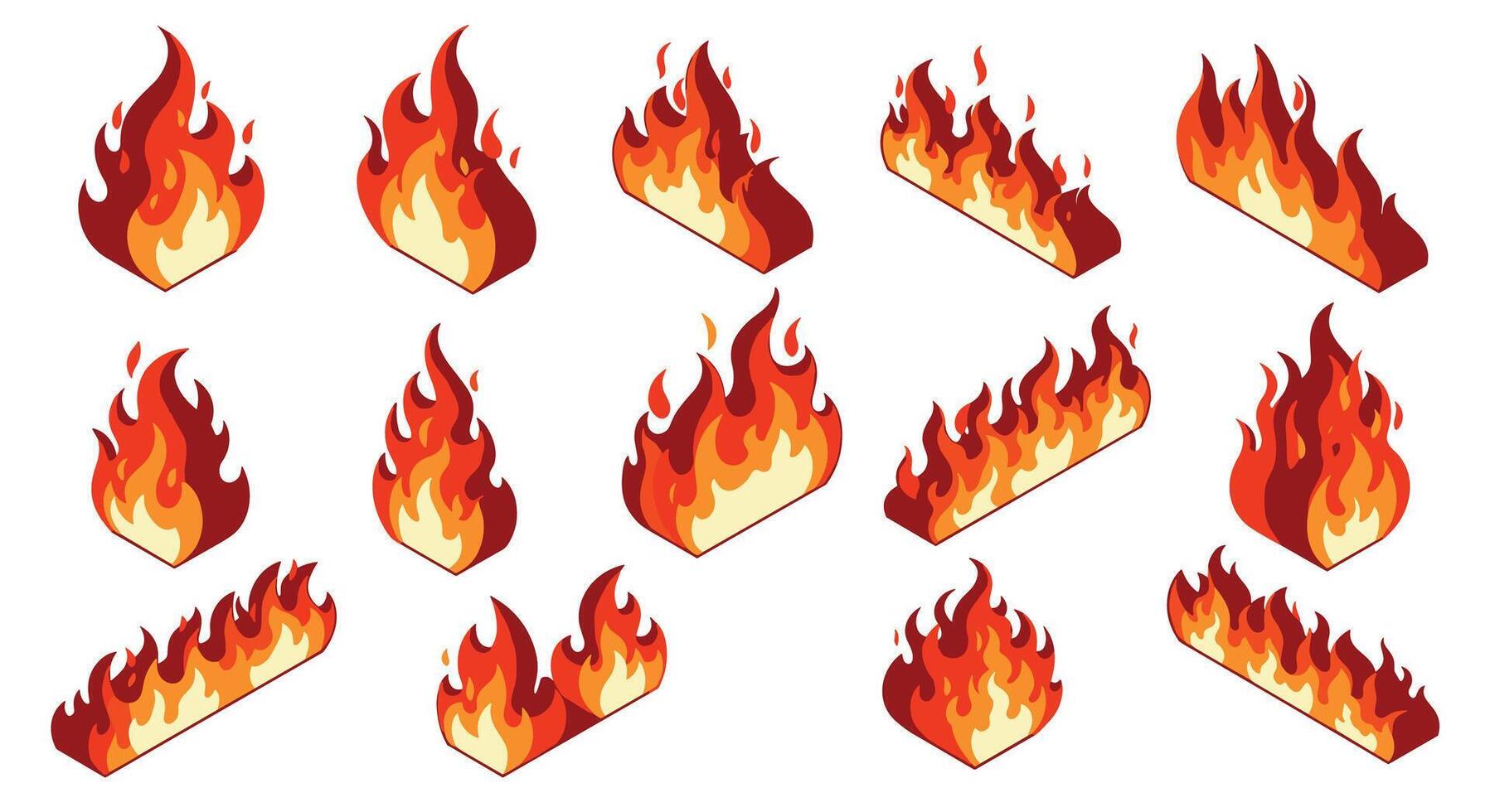 Collection of isometric flame icons in various shapes and sizes vector