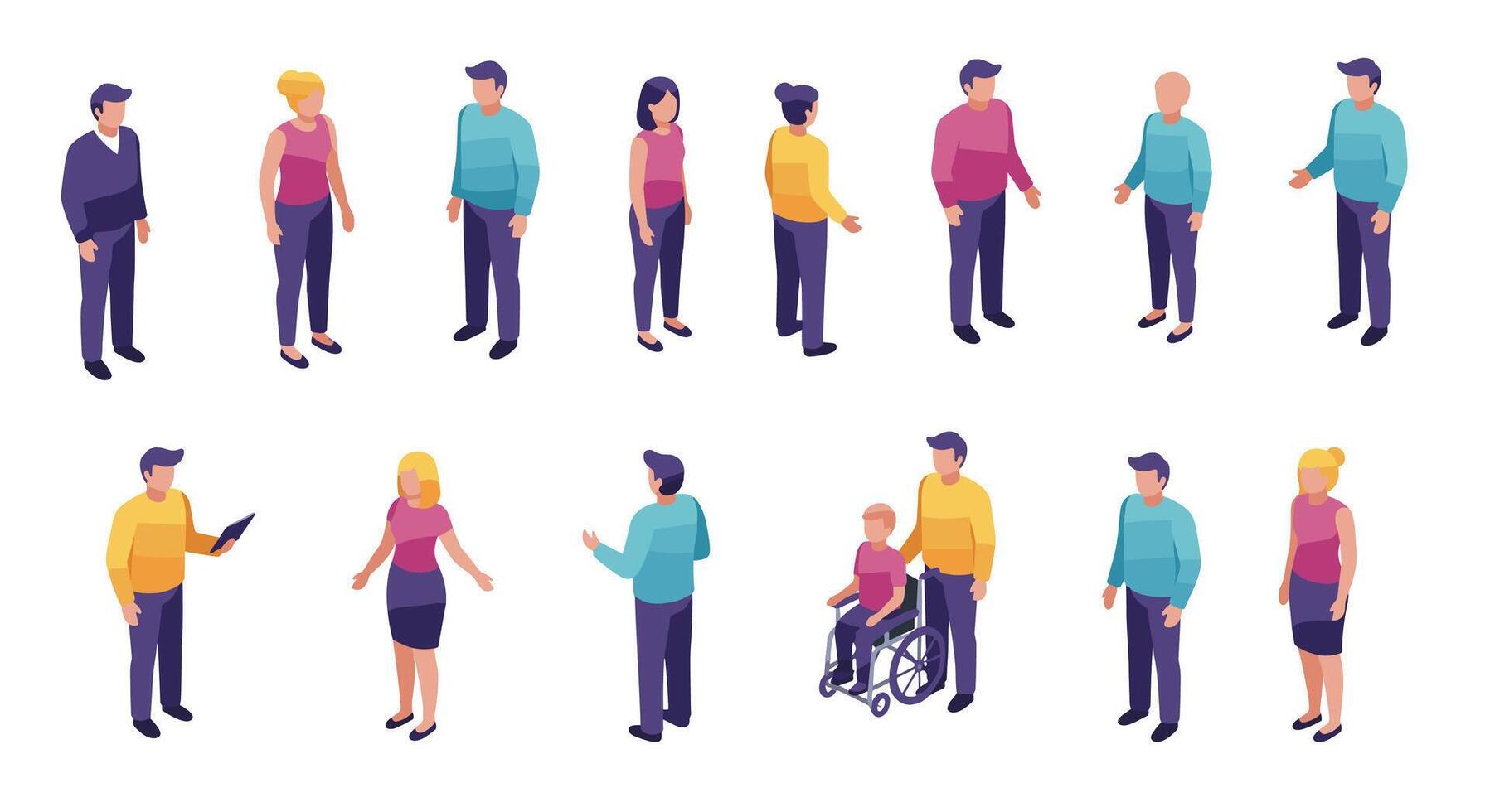 Diverse isometric people set with various poses and inclusive interactions vector