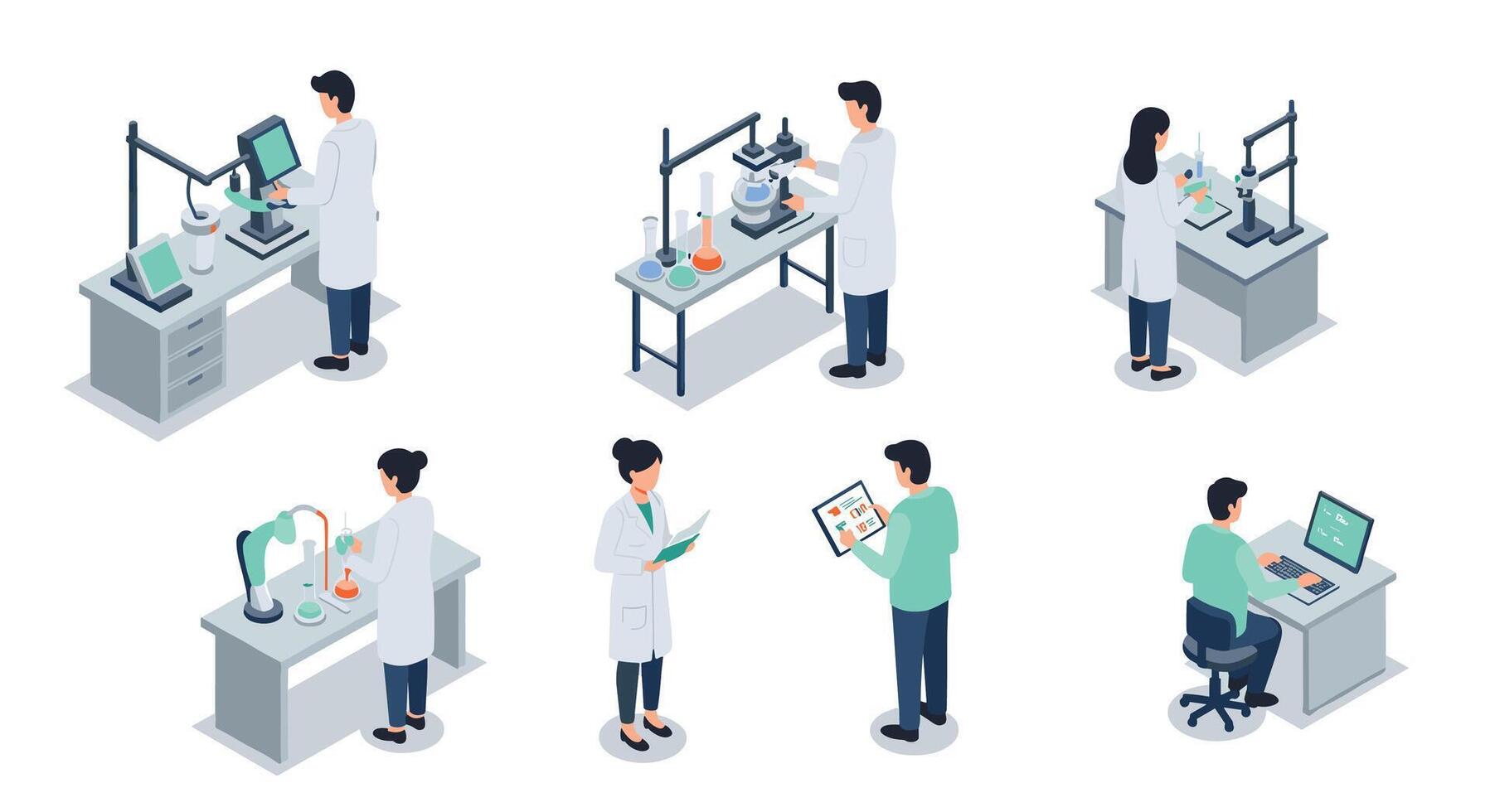 Isometric science lab researchers in modern laboratory experimentation and data analysis vector