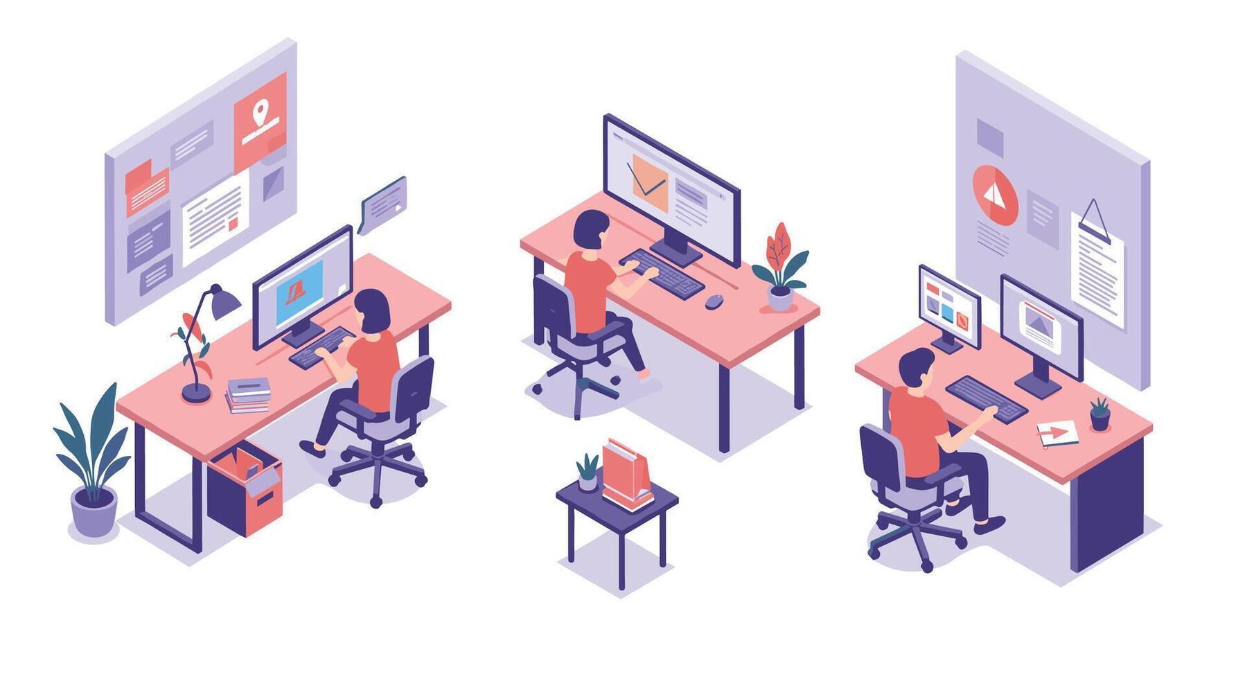 Modern isometric office space with employees working at desks and computers vector