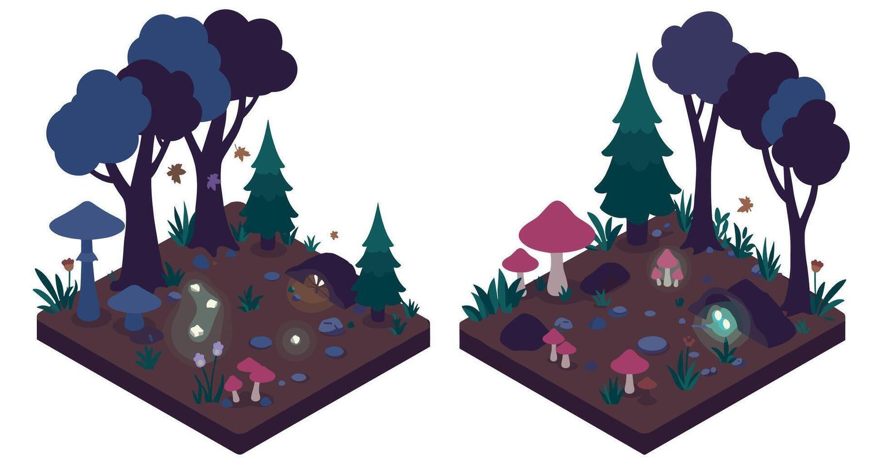 Isometric fantasy forest scene with glowing mushrooms and trees vector