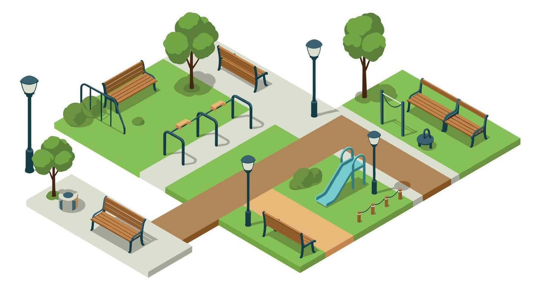 Isometric playground park with benches and slides vector