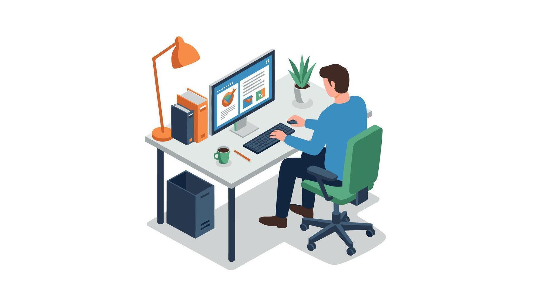 Office worker at desk with dual monitors in modern isometric workspace setting vector
