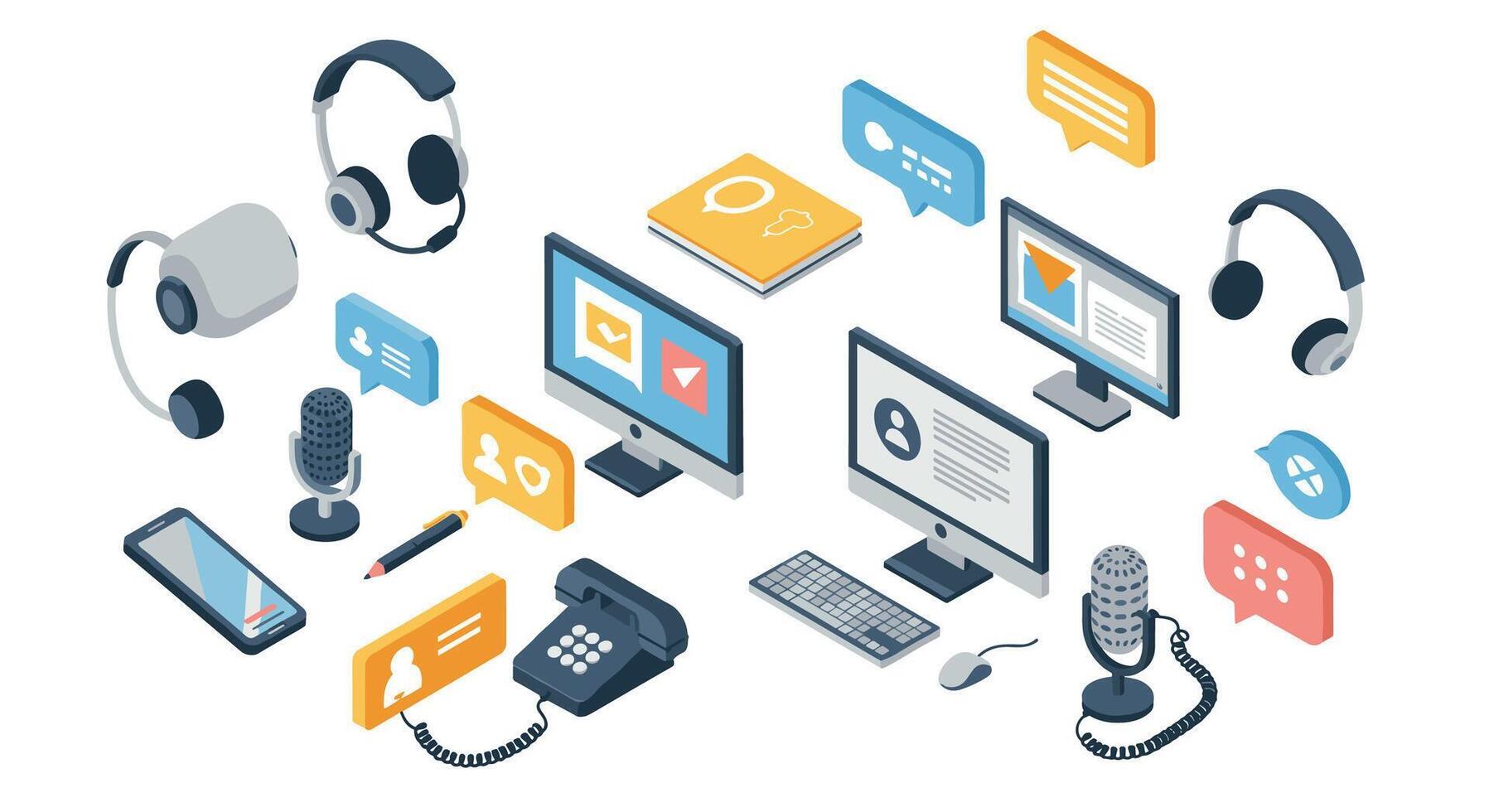 Modern digital communication icons isometric devices and interfaces for multimedia interaction vector