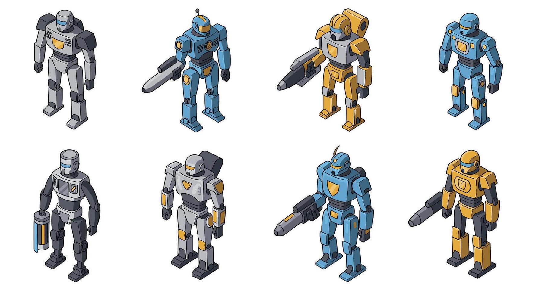 Futuristic isometric robots set in various armor and weapon configurations vector