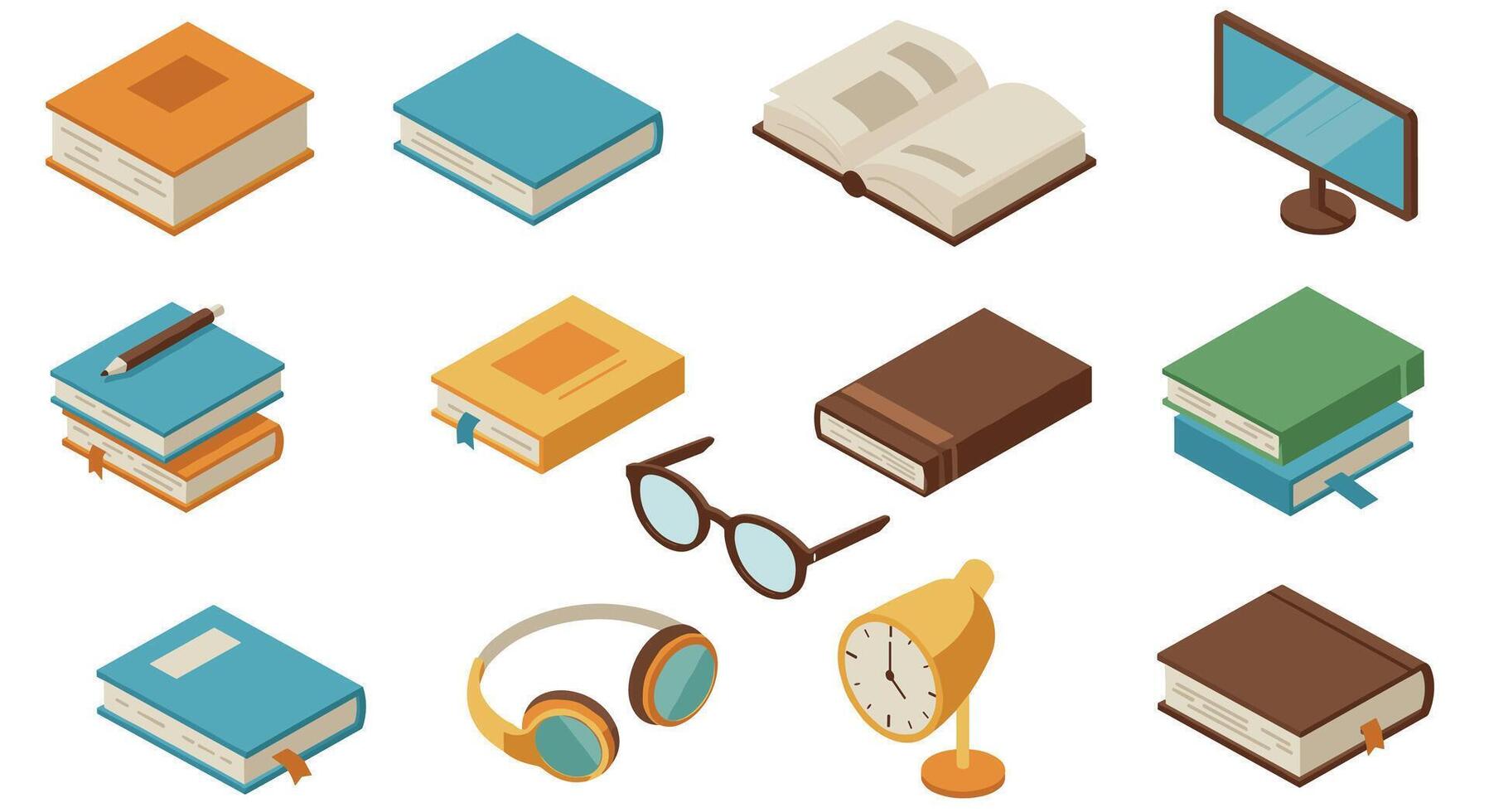 Isometric book and study essentials with desk accessories and technology elements vector