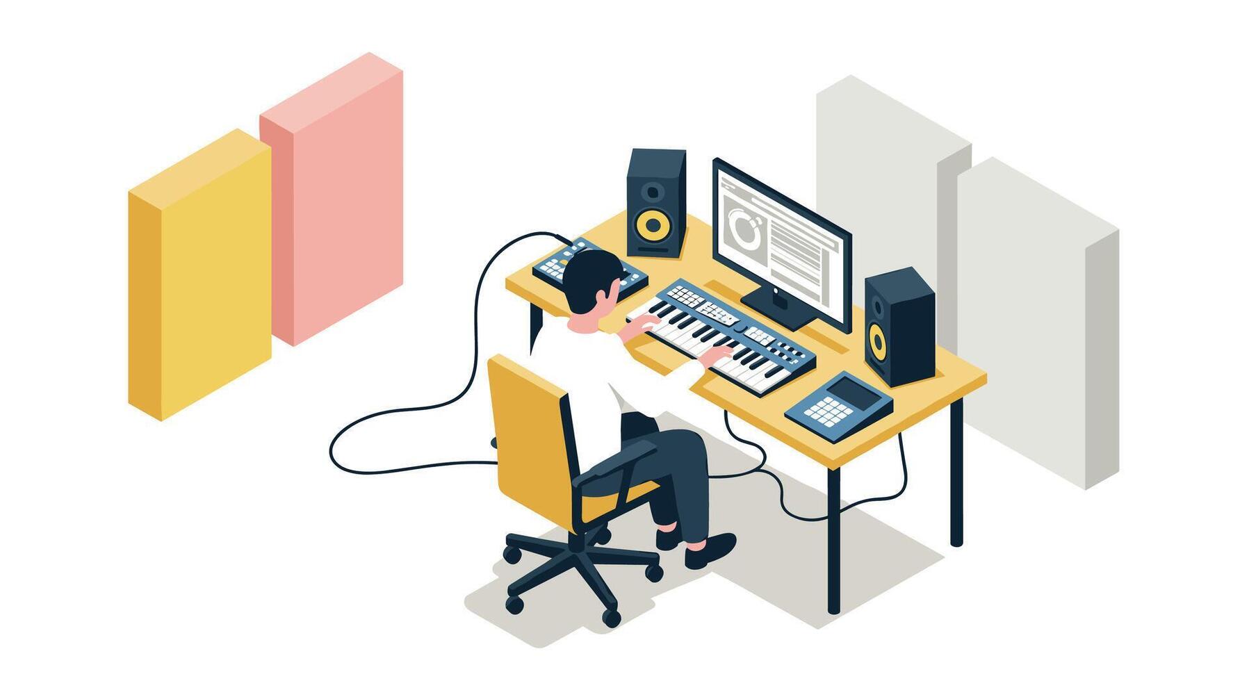 Modern music production studio with producer using keyboard and computer in isometric style vector