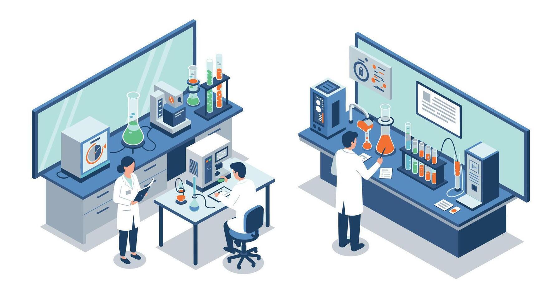 Isometric laboratory scene with scientists conducting experiments in modern lab environment vector