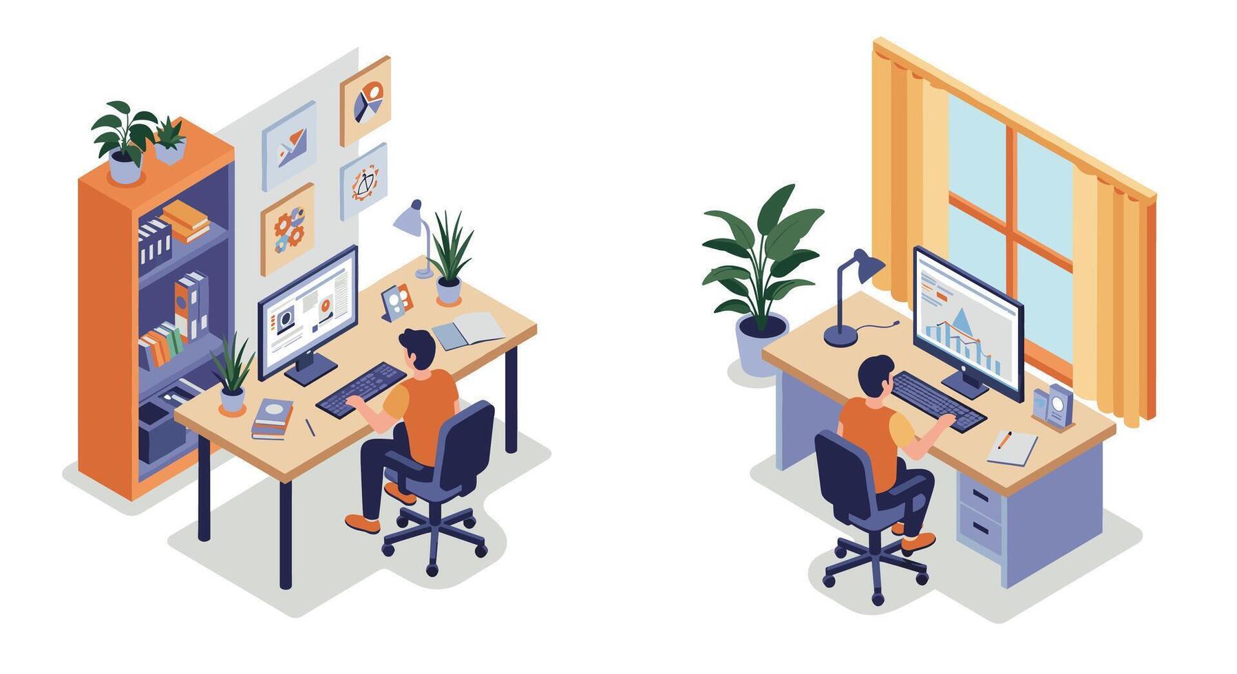 Modern isometric home office workspace with computer and decor elements for productivity vector