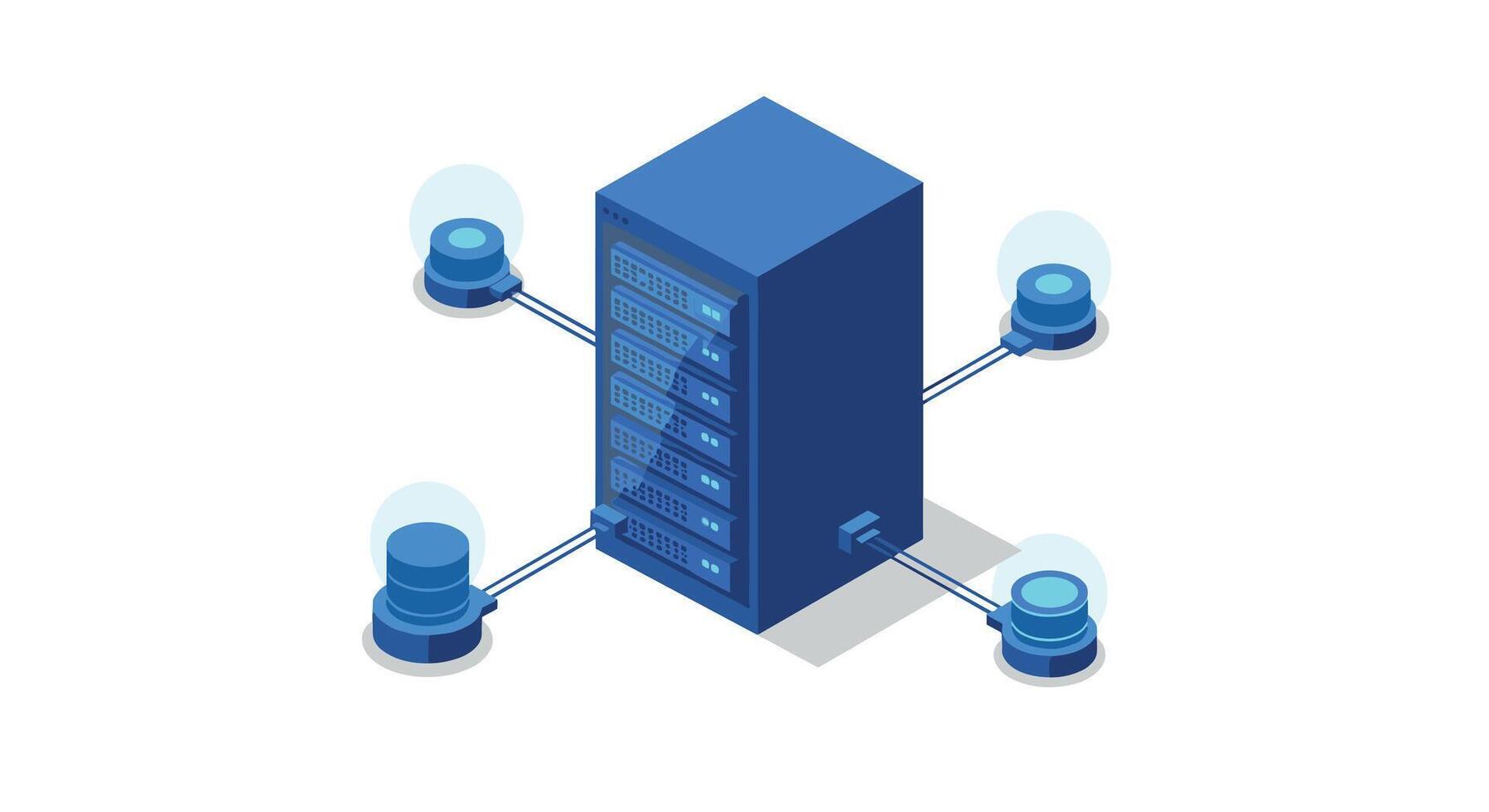Isometric blue digital server network with data nodes on white background vector