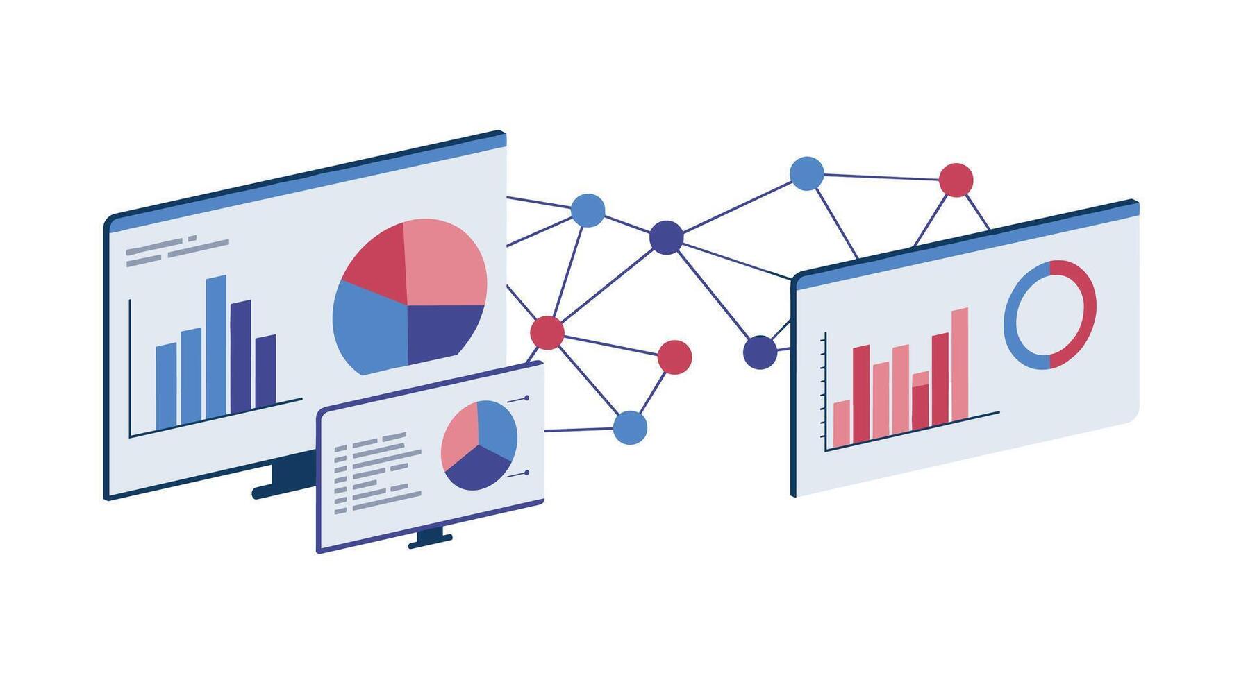 Isometric data analysis concept with connected graphs and charts vector