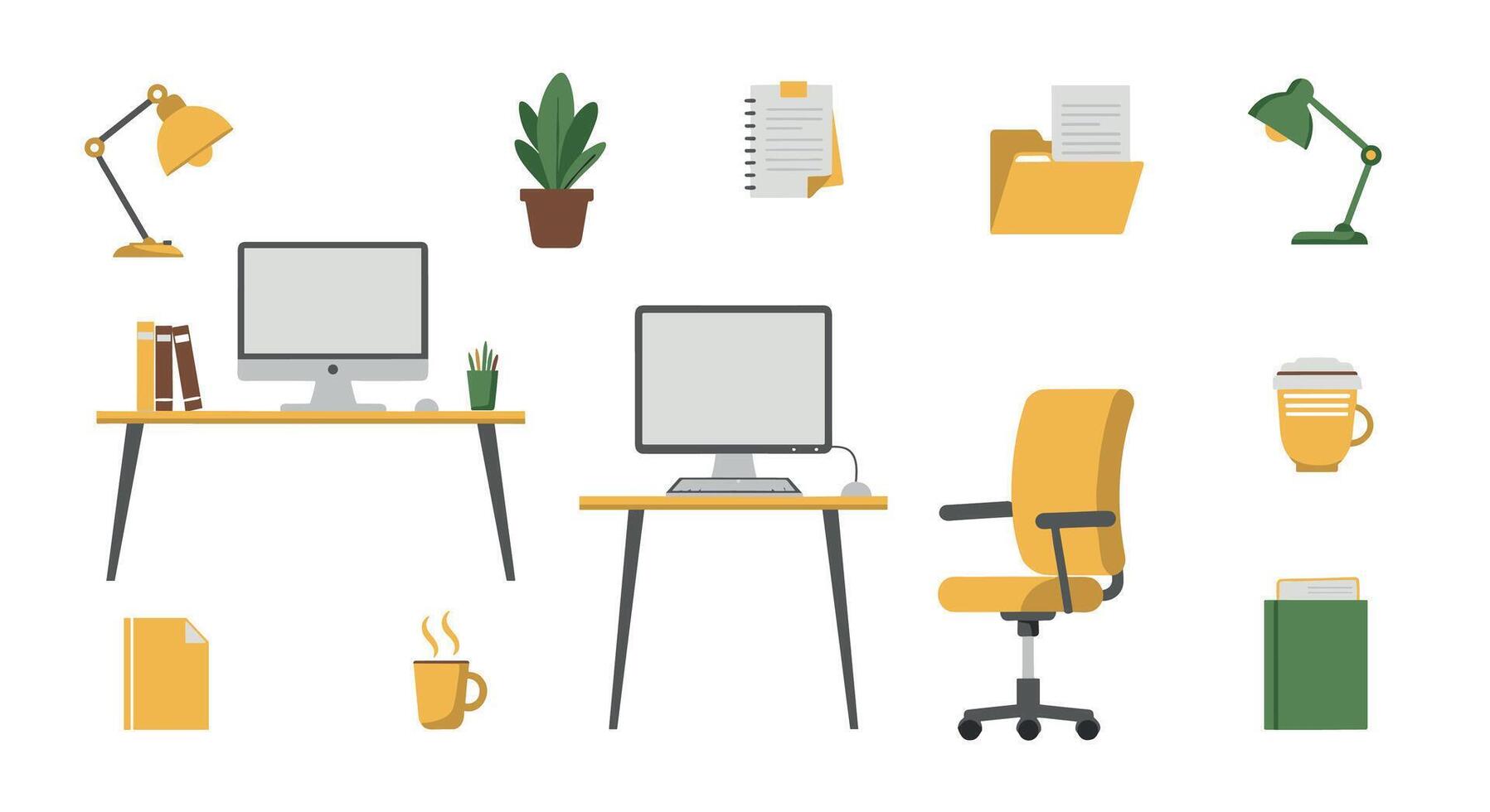 Modern office essentials in flat design with desktop computers and accessories vector