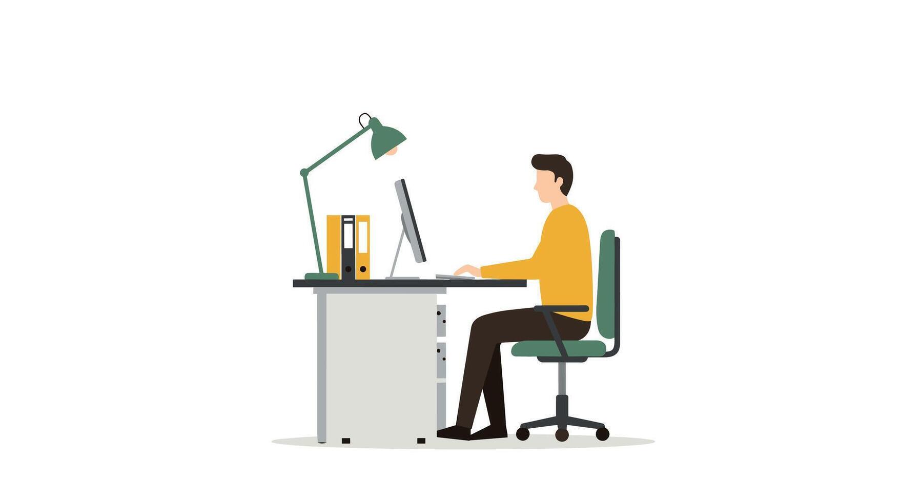 Flat design office worker at desk using computer for work vector