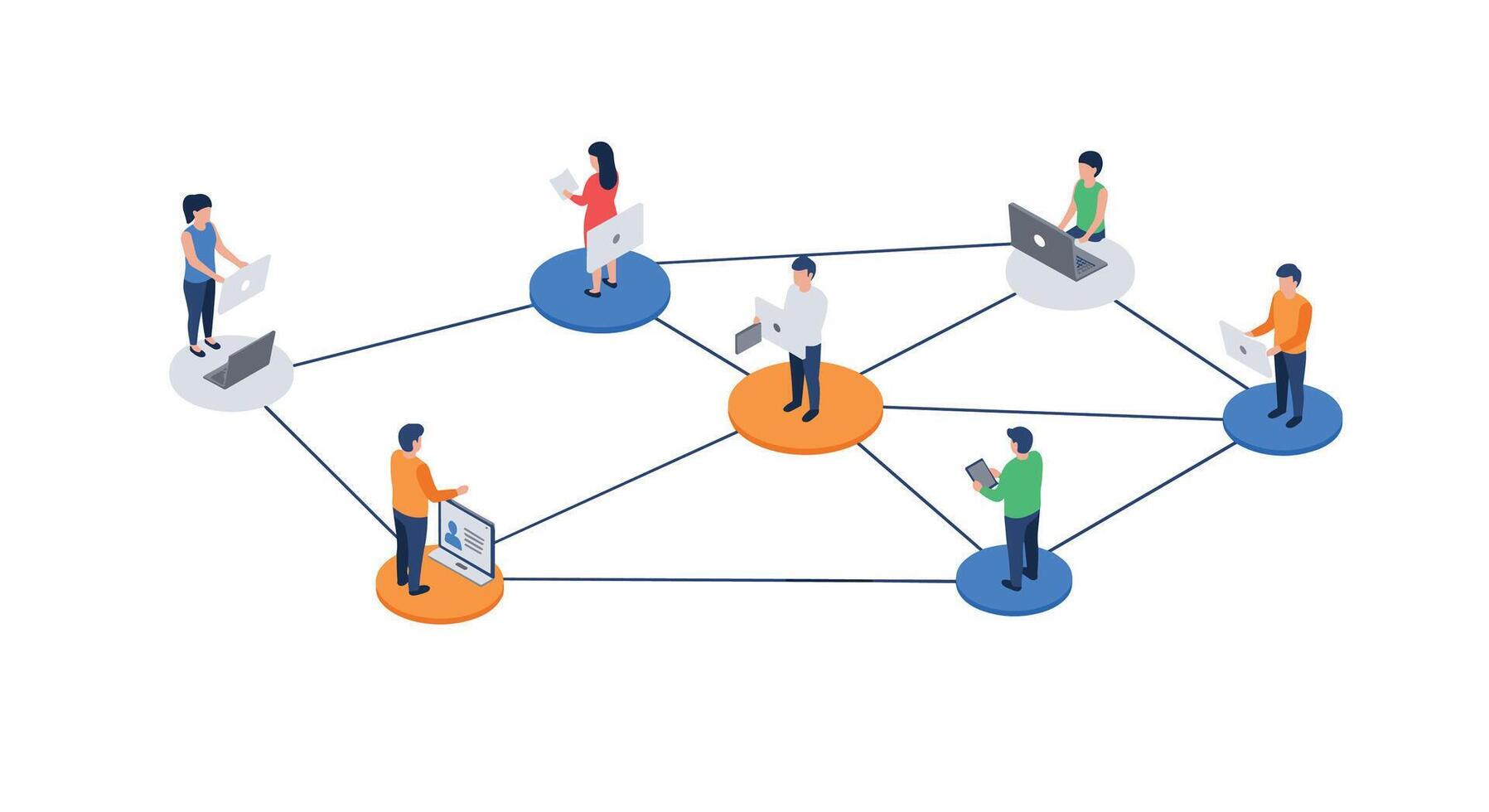 Collaborative network with diverse characters in isometric style vector