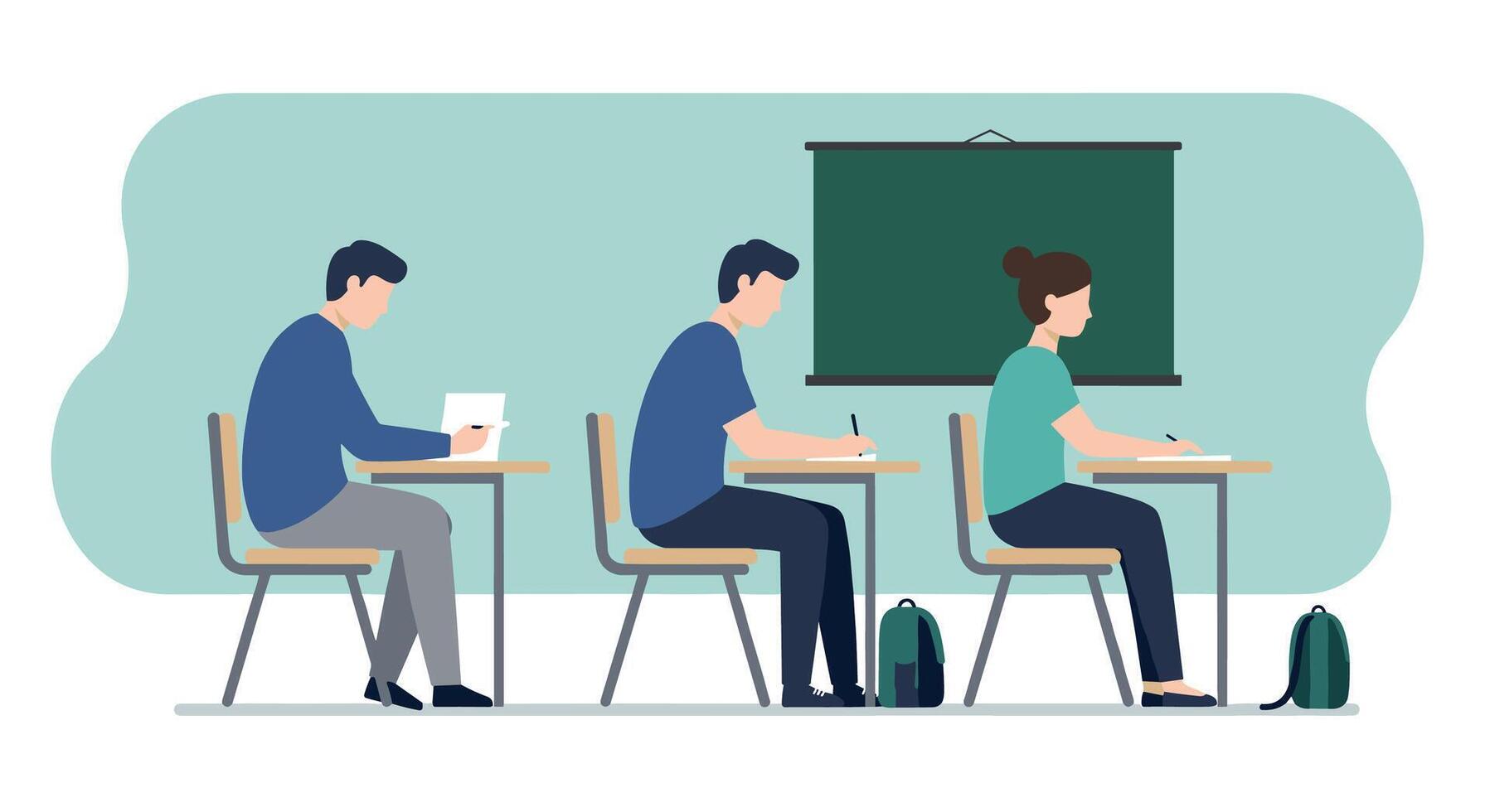 Students studying in classroom with chalkboard and backpacks, linear flat design vector