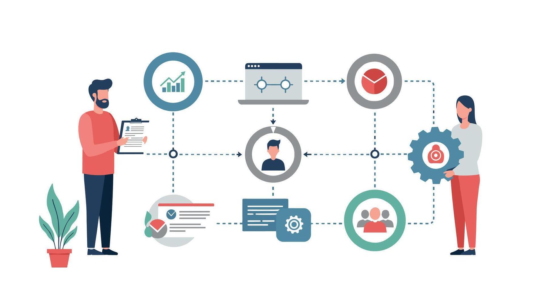 Team collaboration and workflow concept with data analysis and project management elements vector