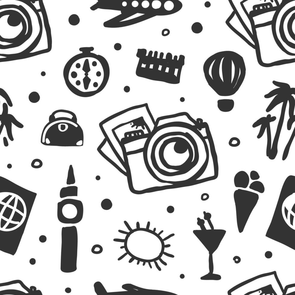 Time to Travel Original Design with Camera and Palm Seamless Pattern Template vector