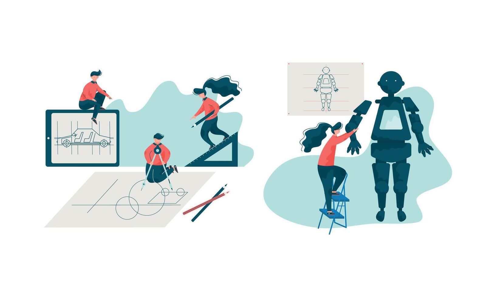 Project Team Engineering Automobile Creating Draft and Assembling Robot Set vector