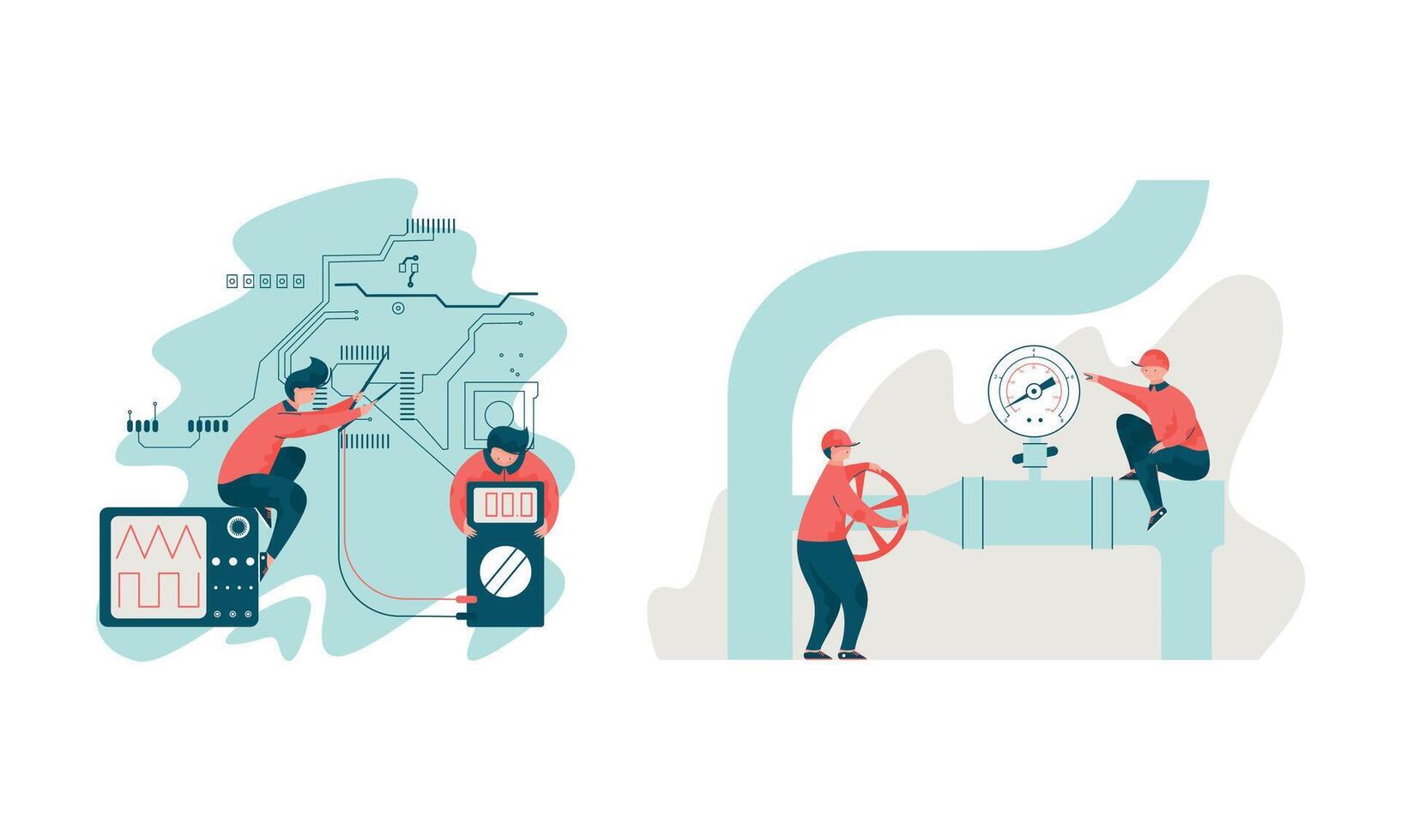Project Team Engineering Hardware Adjusting Gauge on Pipe and Electric Circuit Set vector