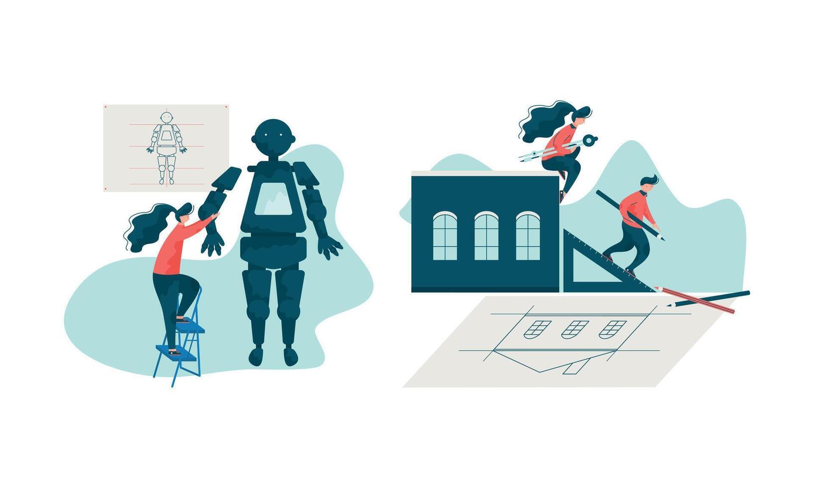 Project Team Engineering Building Creating Draft and Assembling Robot Set vector