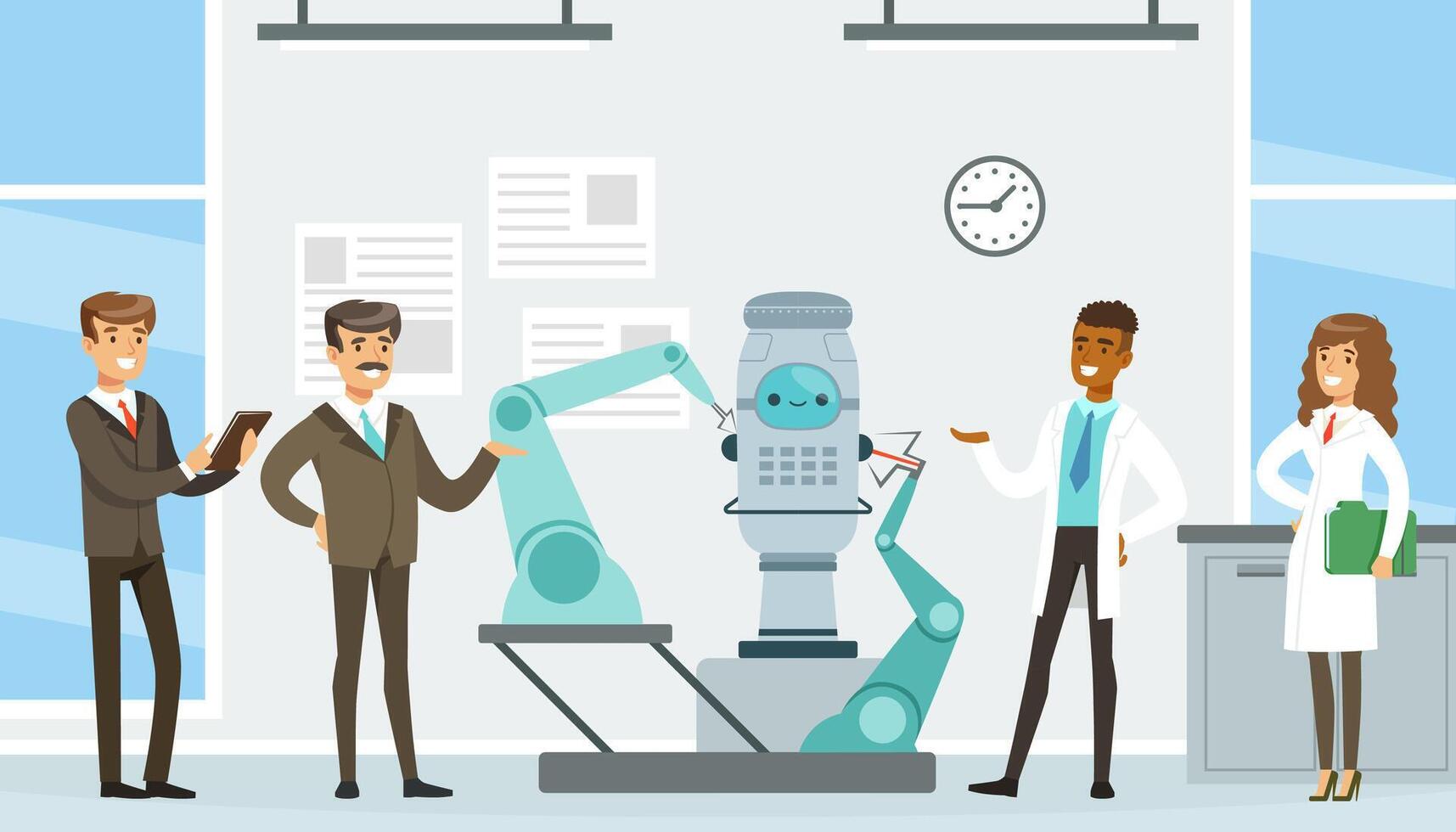 Man and Woman Scientist Presenting Artificial Intelligence Assistance in Operation Illustration vector