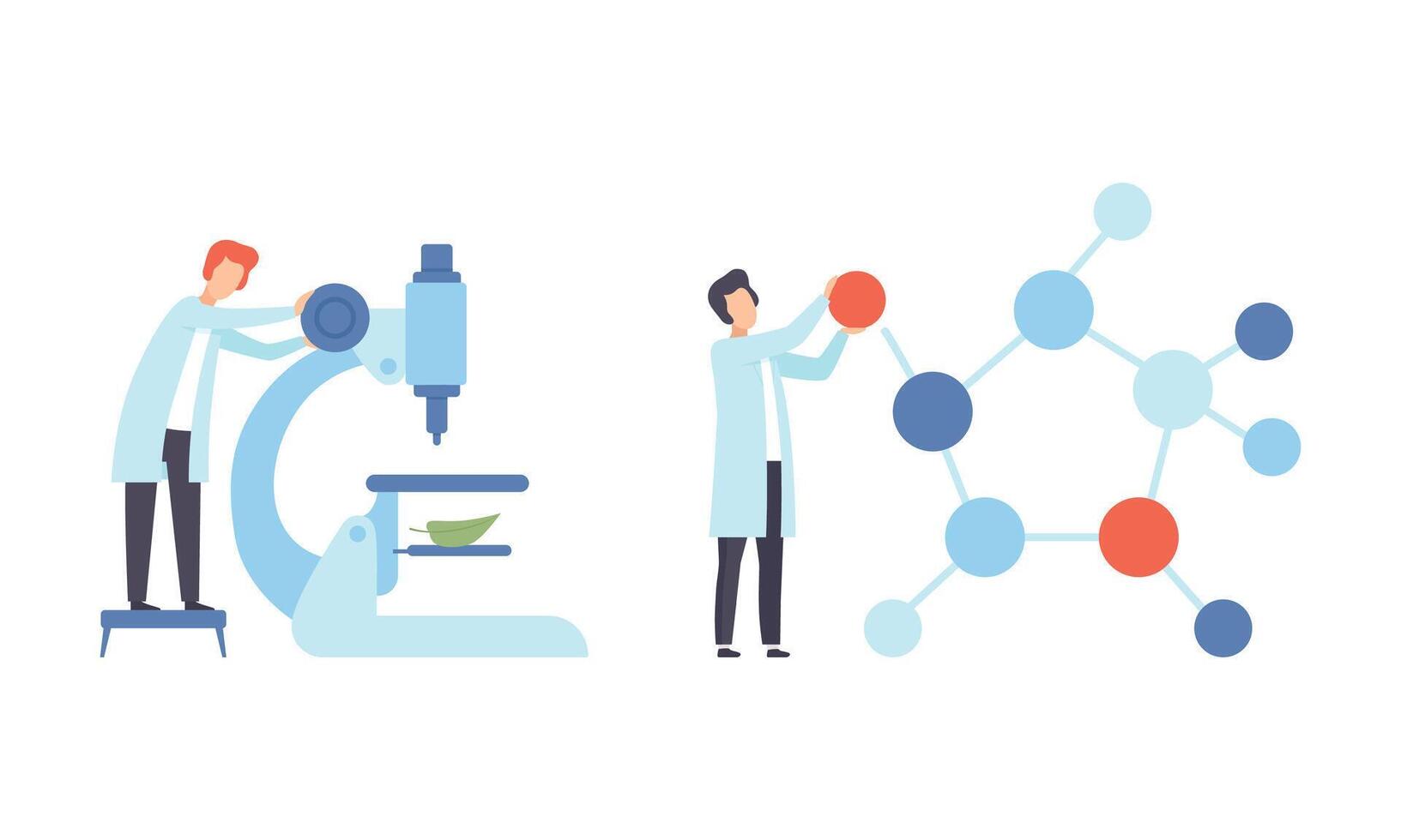 Man Research Scientist in Laboratory Coat Conducting Experiment with Molecule Structure and Microscope Set vector