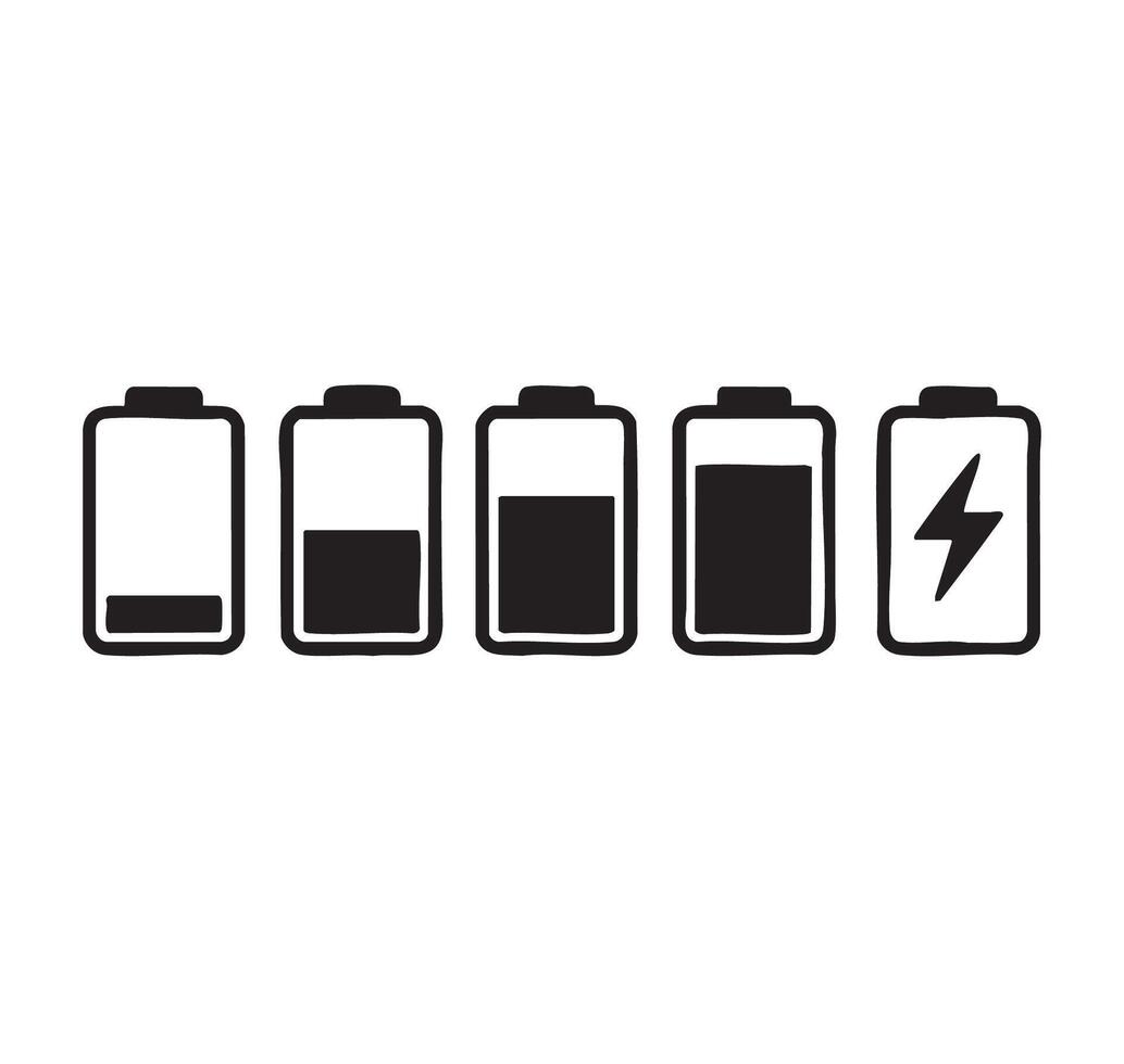 Visual Representation of Battery Power Levels from Empty to Fully Charged with a Lightning Bolt Symbol Indicating Charging Status vector