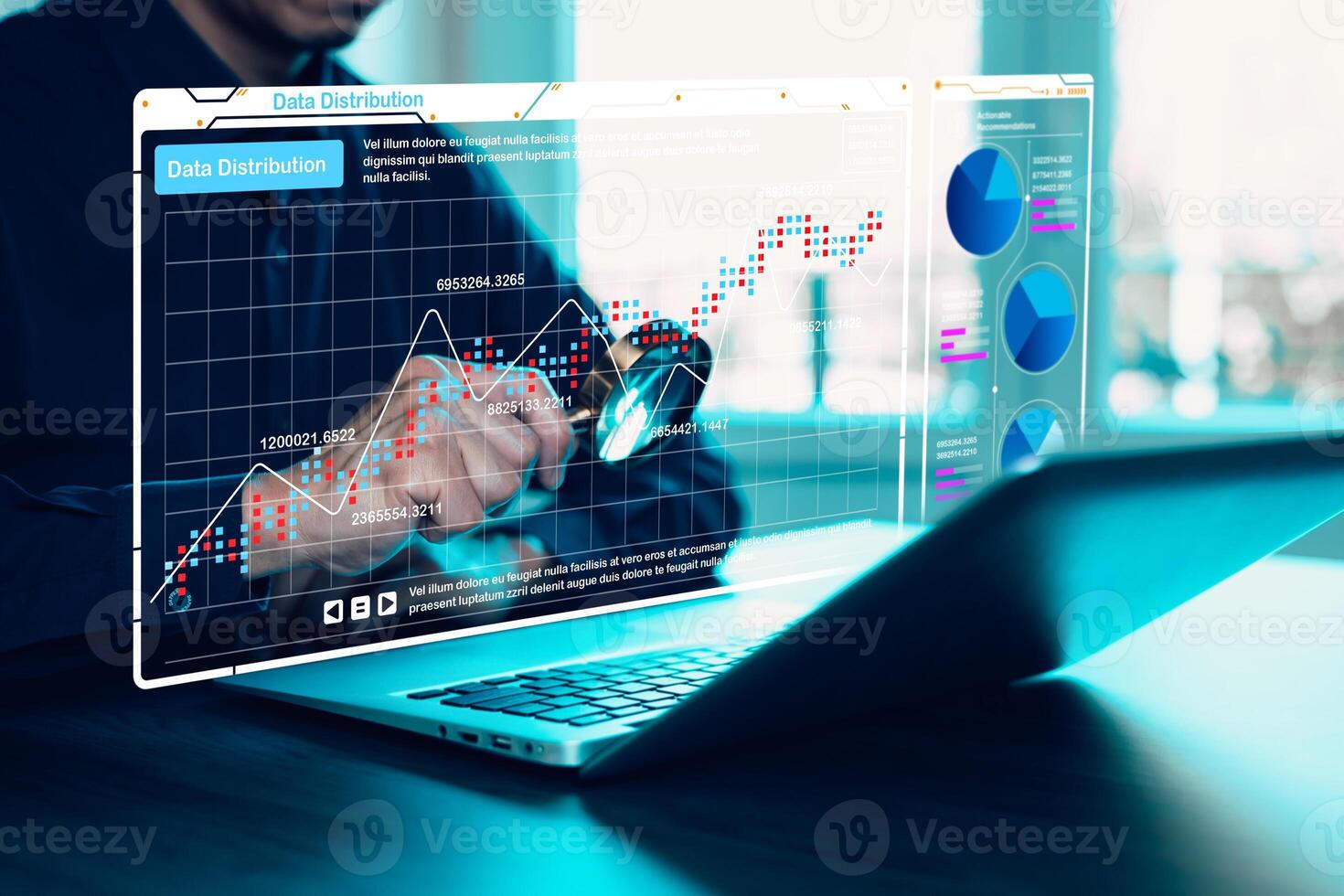 Business analyst working with digital dashboard showing graphs, charts, and big data visualization, representing modern analytics and business intelligence technology. photo