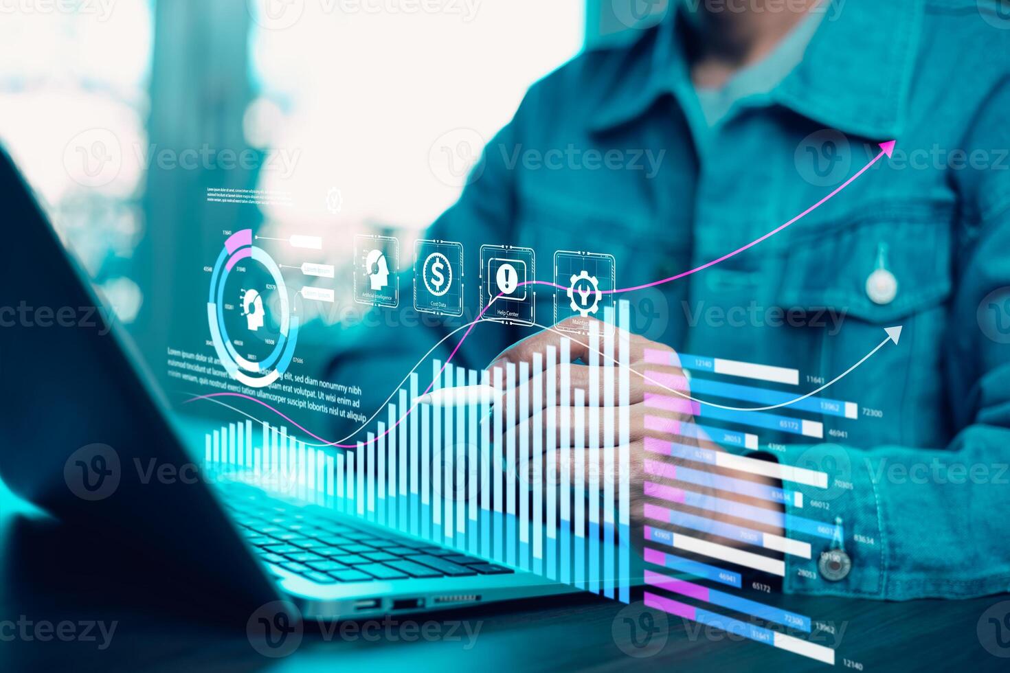 Working Data Analytics and Data Management Systems and Metrics connected to corporate strategy database for Finance, Intelligence, Business Analytic with Key Performance Indicators, social network photo