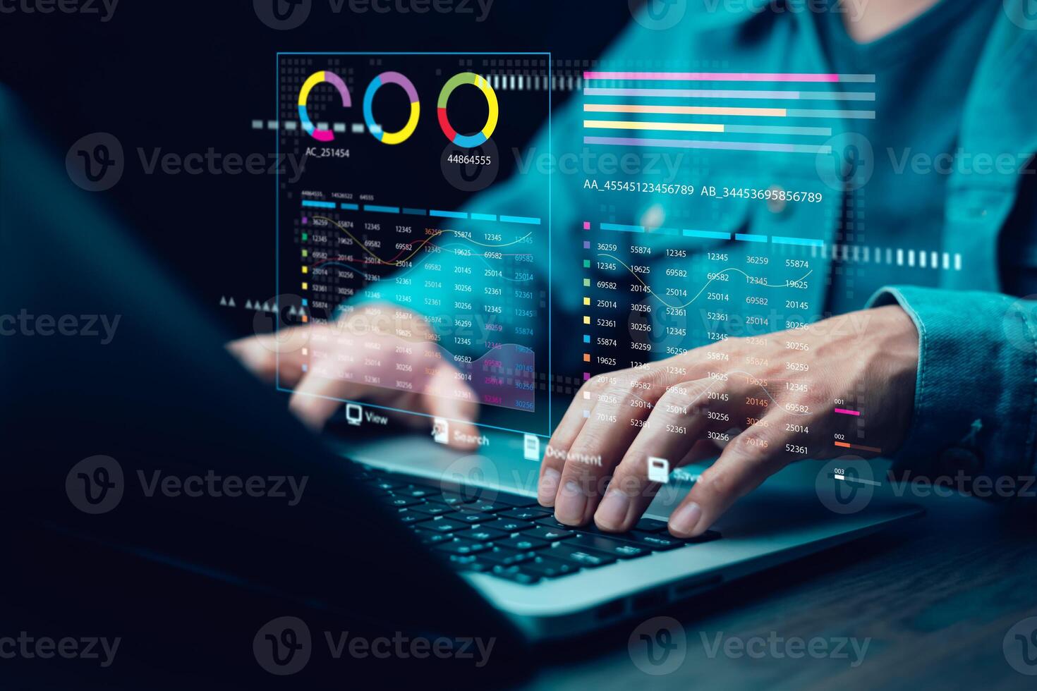 Business analyst working with digital dashboard showing graphs, charts, and big data visualization, representing modern analytics and business intelligence technology photo