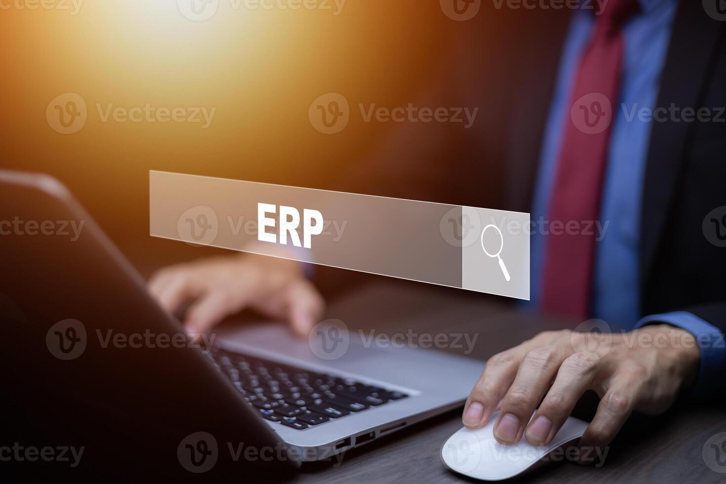 Business people using a laptop with document management for ERP. Enterprise resource planning concept.Enterprise Resource Management ERP software system for business resources plan presented. photo