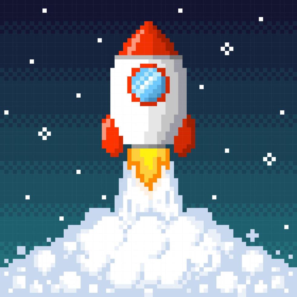 Pixel art icon rocket launch with flame and smoke. Pixelated illustration of spaceship. Retro 8 bit pixel art vector