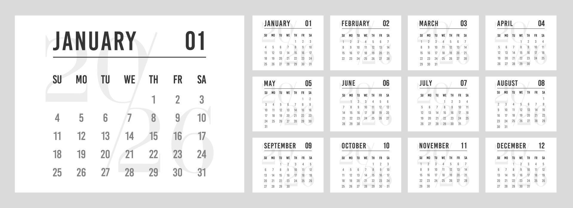 Calendar 2026 set of template, layout monthly horizontal pages. Modern simple planner starting with Sunday. vector