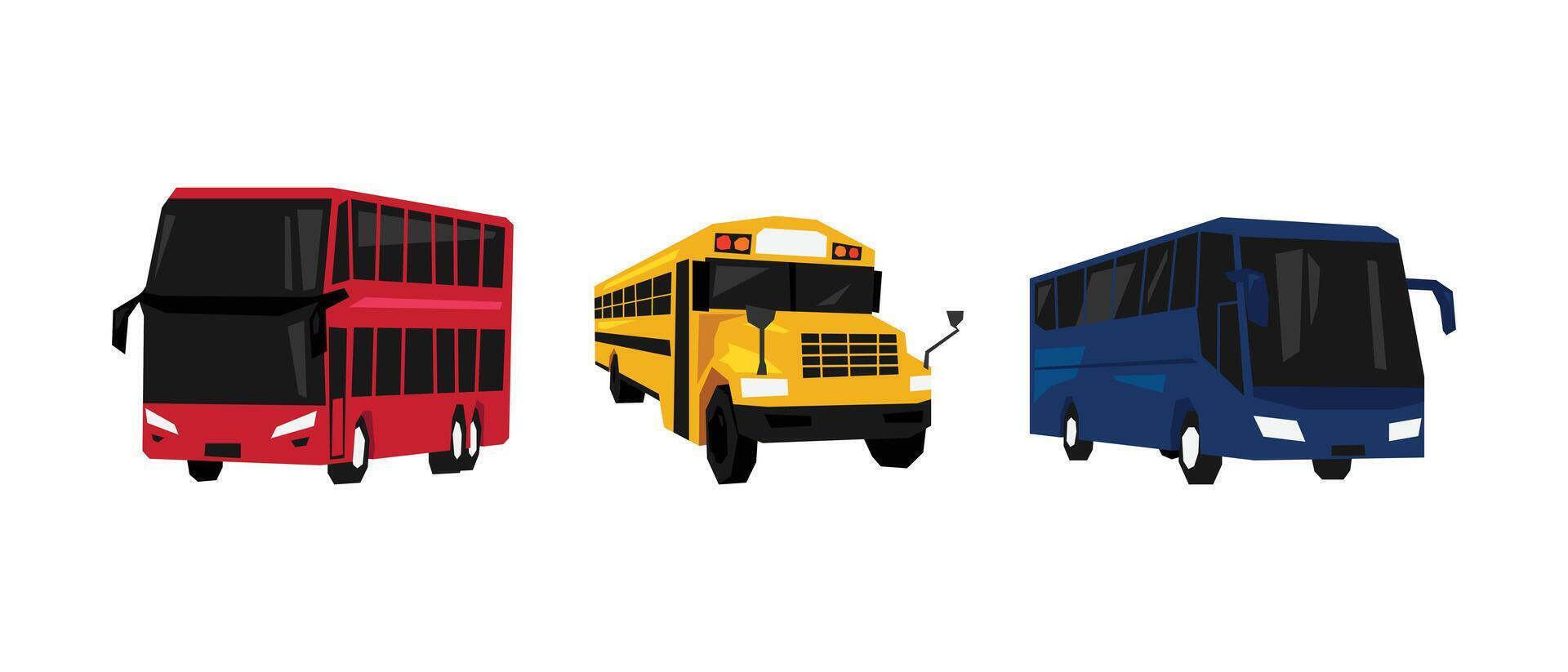 Set of colorful bus, double-decker bus, and school bus. Flat geometric illustration. vector