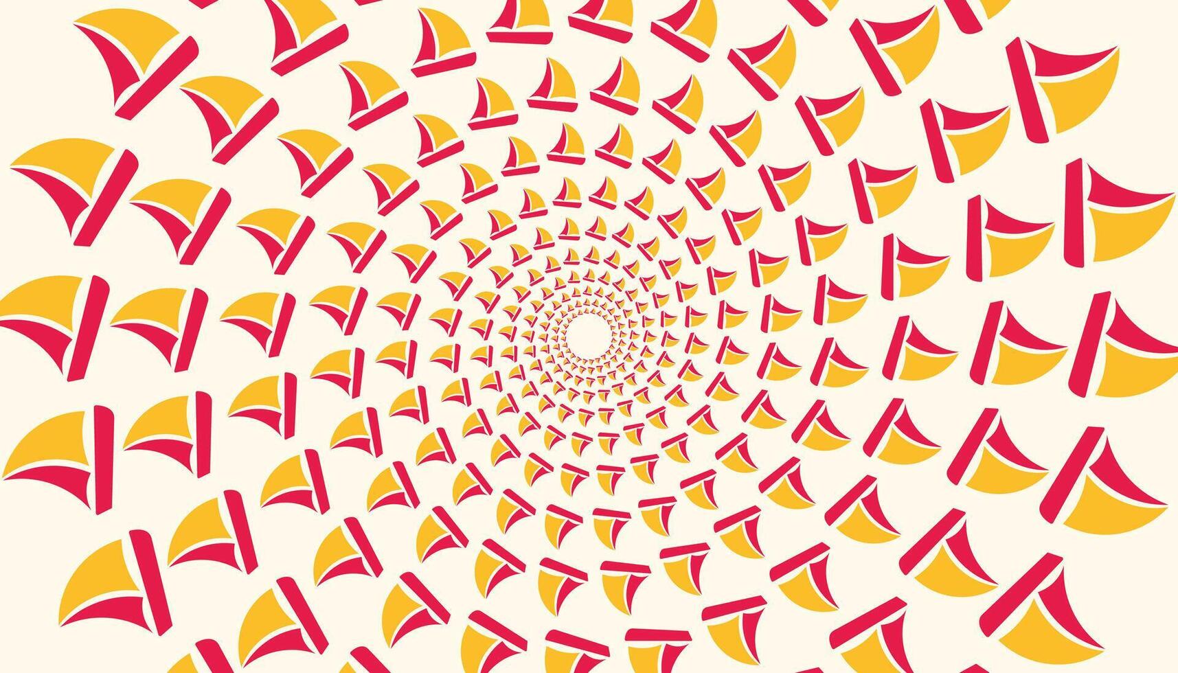 Abstract optical art with red and yellow boat-like shapes swirling in a hypnotic, dynamic pattern vector