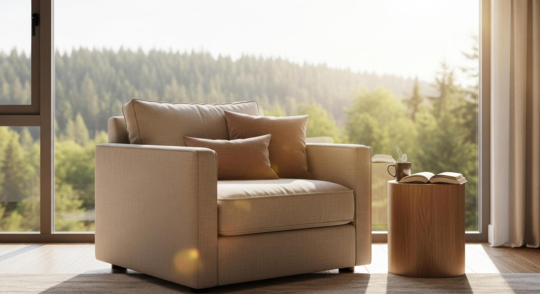 A chair and table in front of a window with a view of the mountains photo