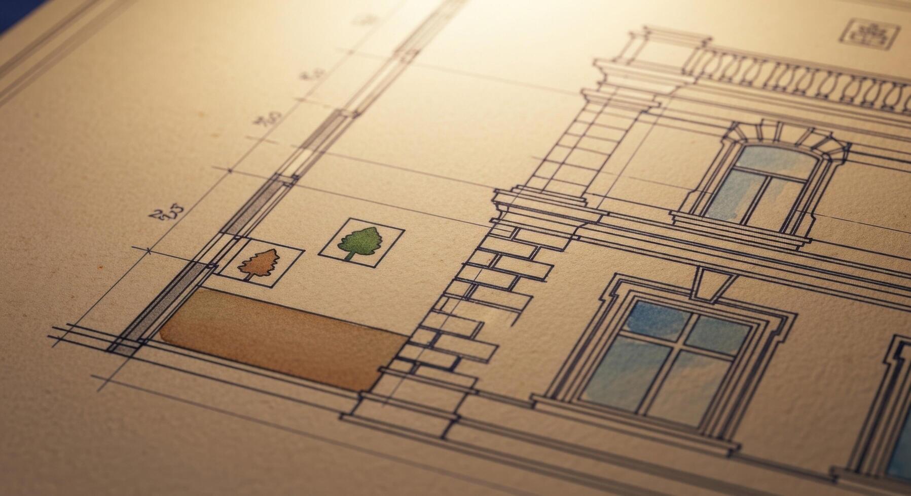 A drawing of a building with a window and a tree photo