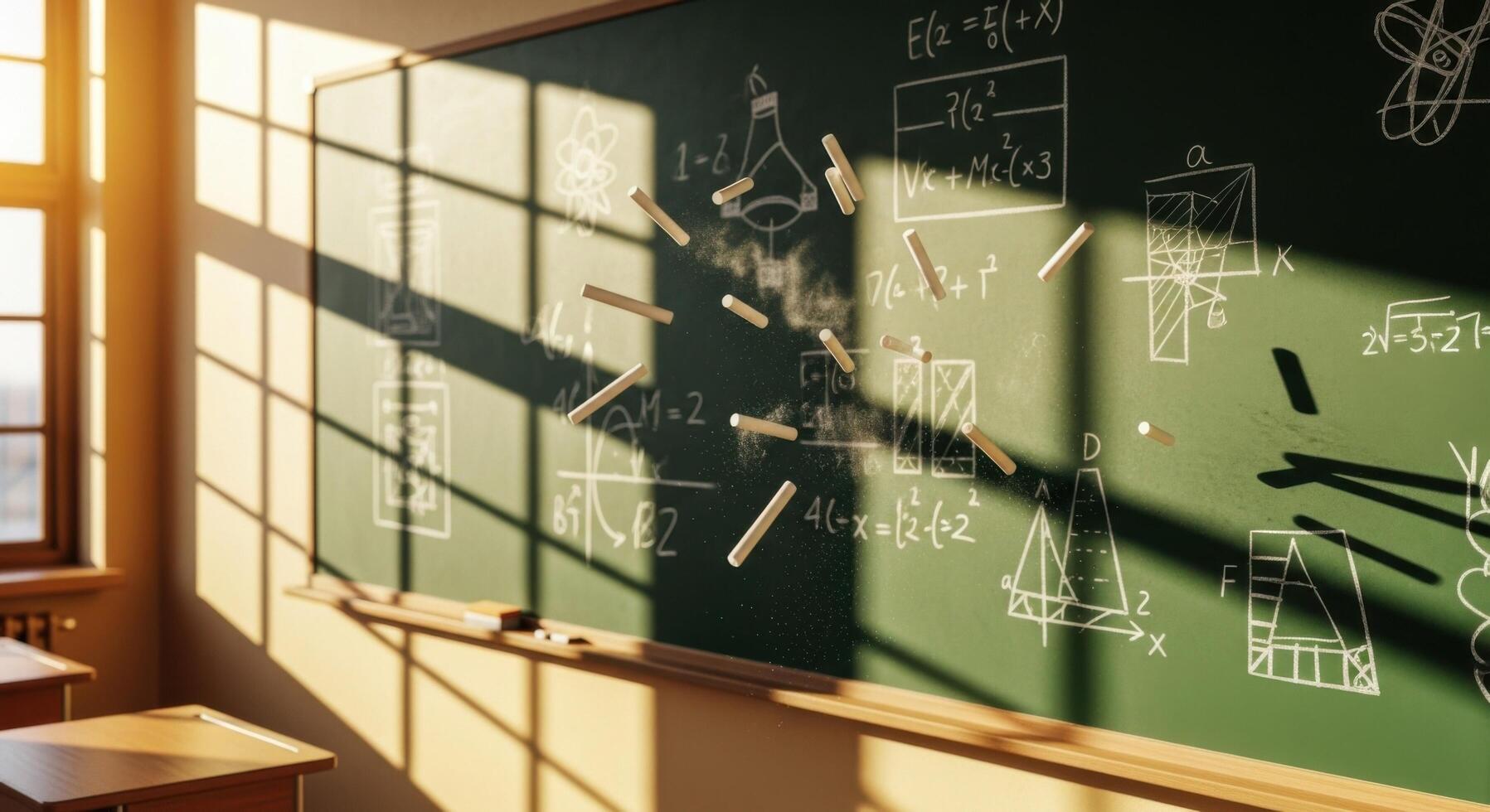 A classroom with chalkboard and a desk in front of it photo