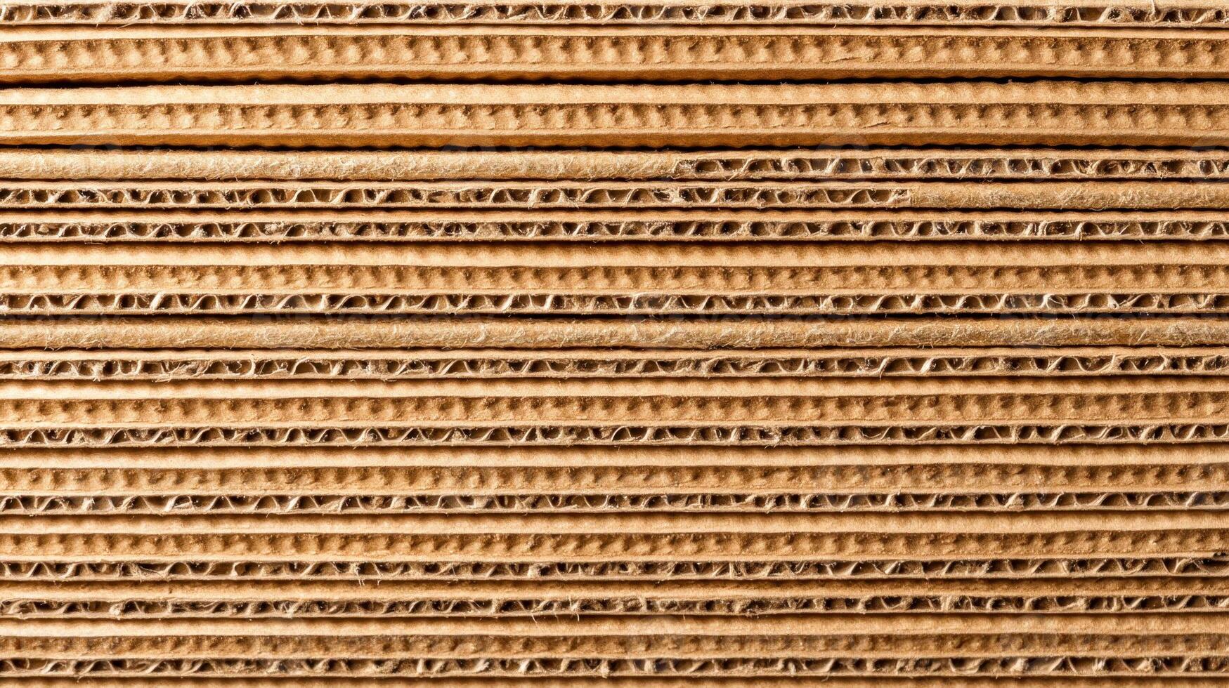 Stack of corrugated cardboard sheets with visible wavy layers and coarse fibers, brown packaging material texture photo