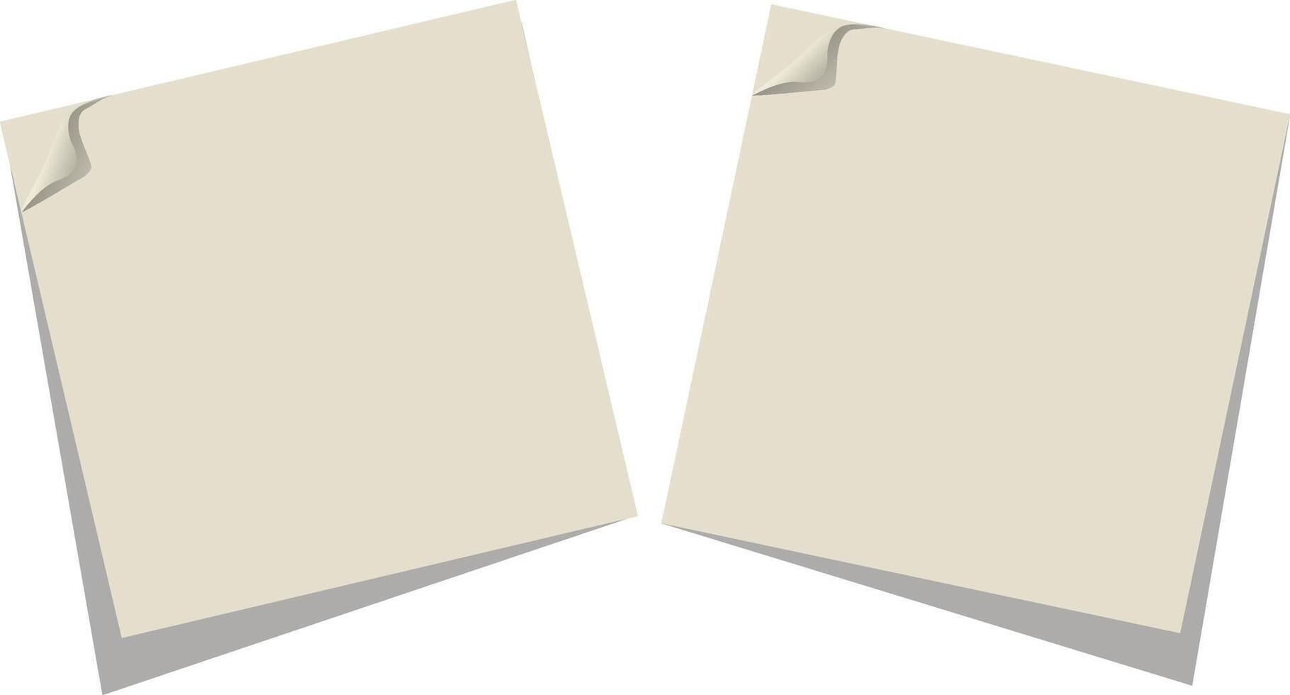 Two blank light brown square sticky notes with curled corners, casting subtle shadows on a white background vector