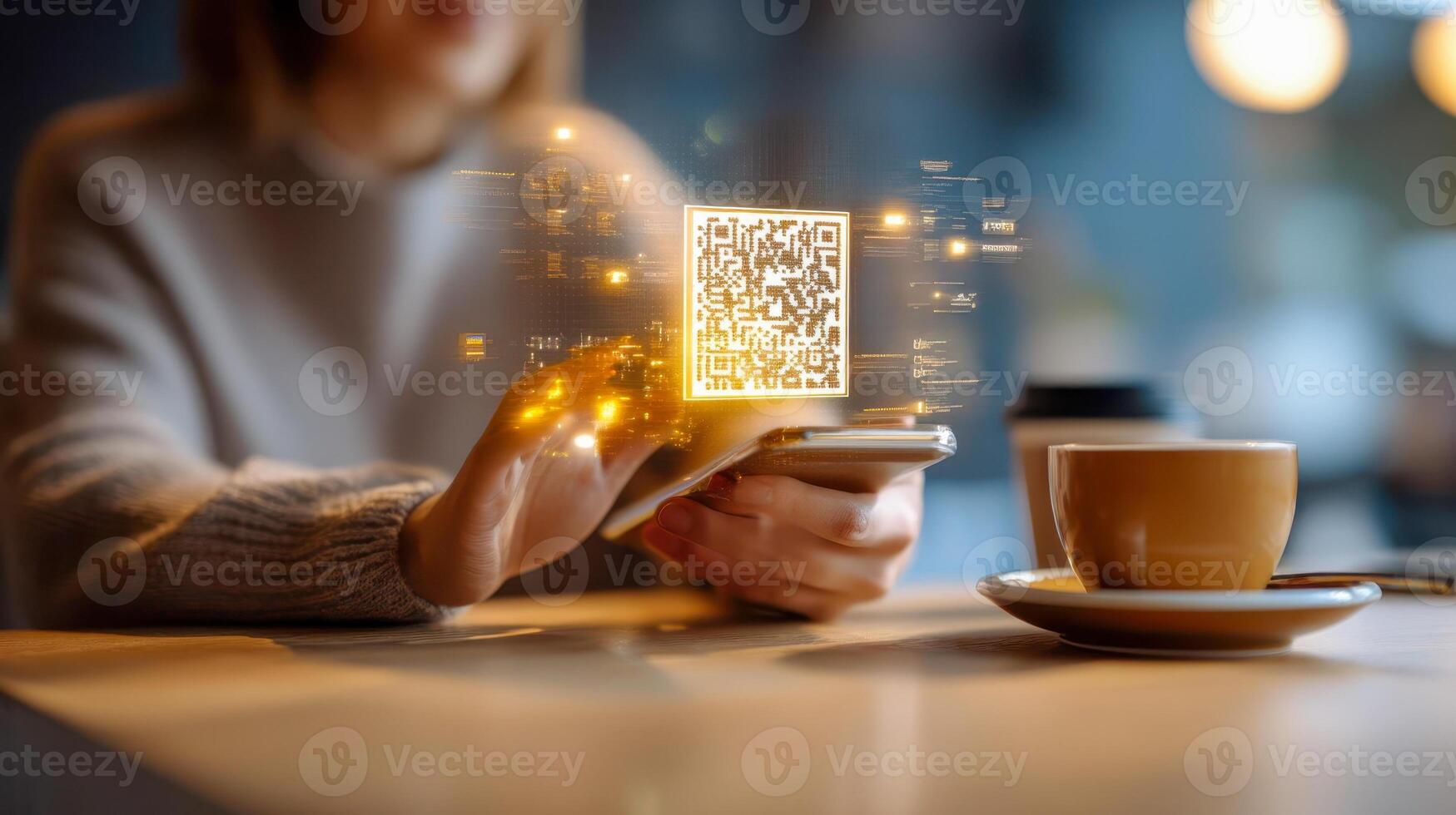 Projecting a digital QR code from a smartphone in a cozy cafe, a modern concept for contactless payment photo