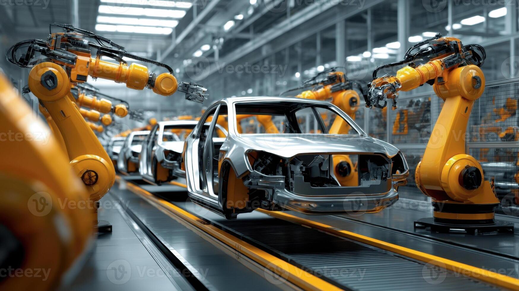 Automated car assembly line with yellow robotic arms assembling car frames, Smart Factory manufacturing technology photo