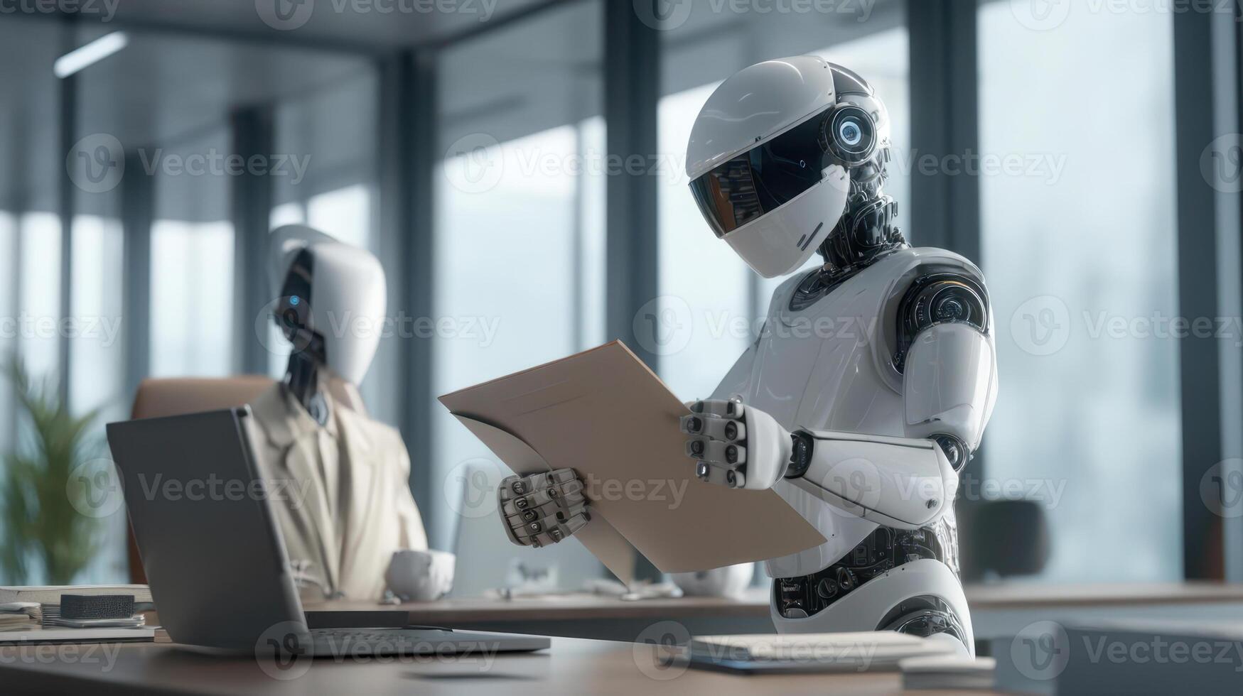 A smart humanoid robot reading documents in a modern office, an AI assistant in the workplace photo