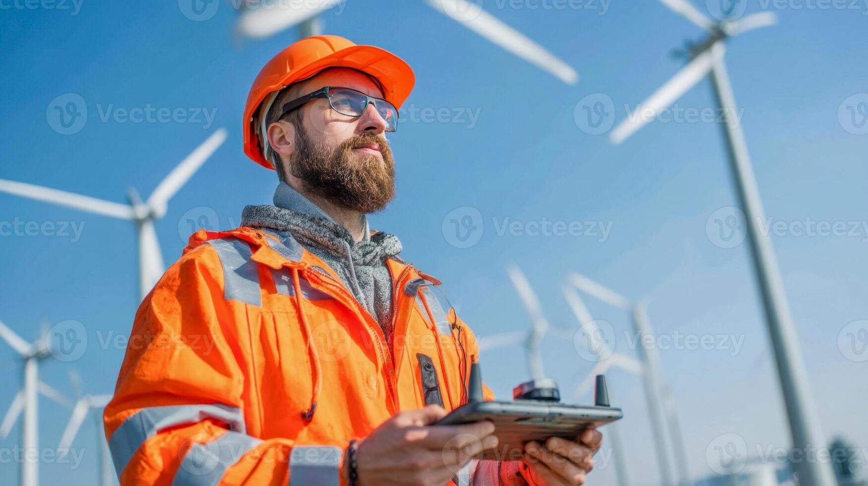 A safety engineer uses a drone controller to inspect wind turbines, a concept for renewable energy and green technology photo