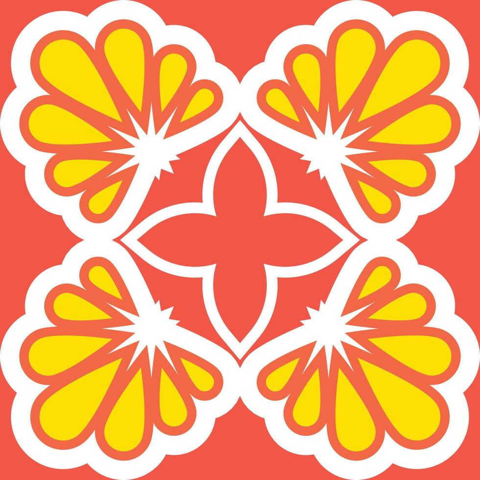 Vibrant abstract seamless pattern design with yellow fan-like motifs outlined in white, symmetrically arranged on a bold coral-red background for modern graphic projects vector